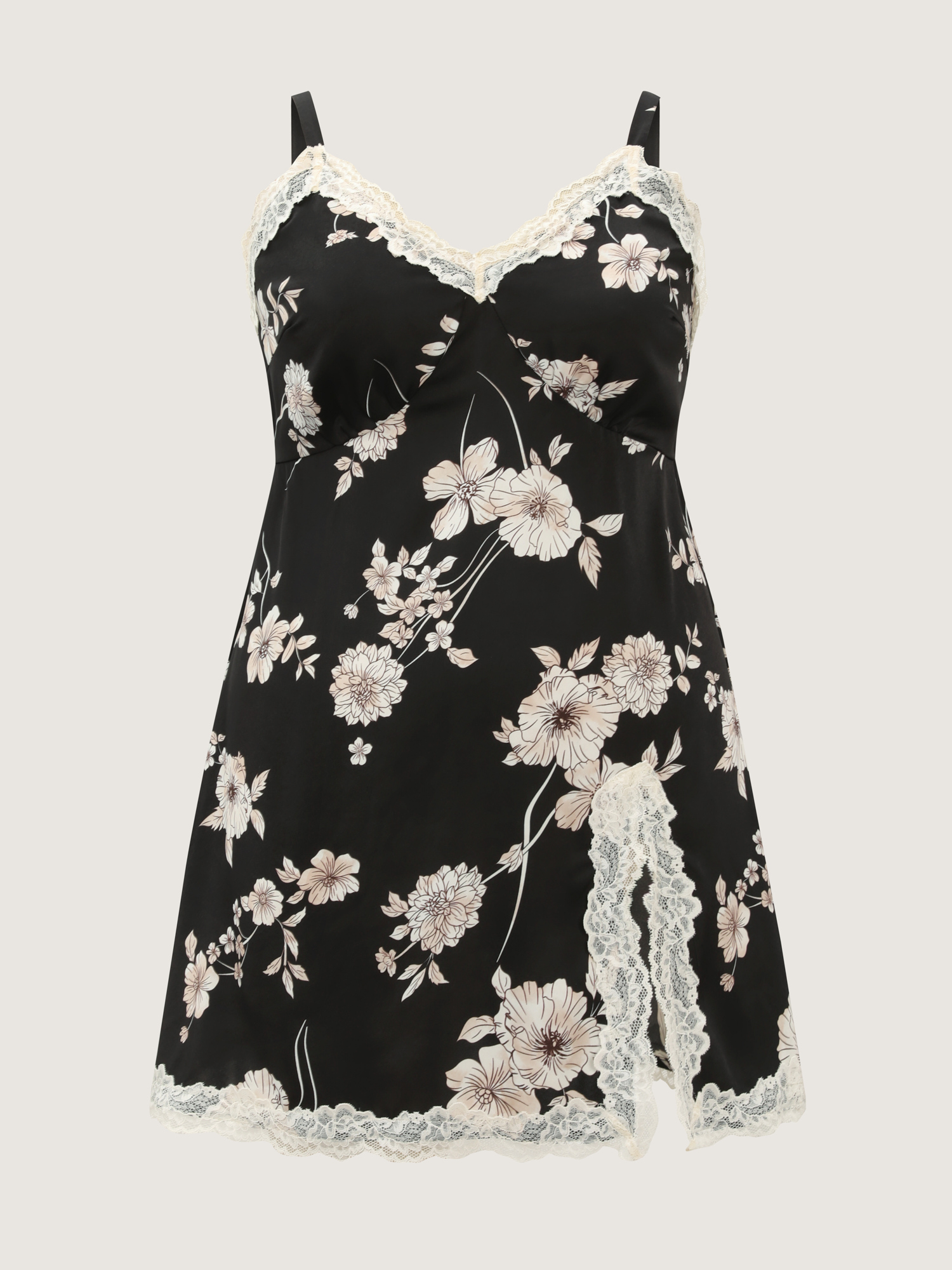 Side view of BloomChic Women's Plus Size Floral Print Deep Lace Neckline Nightgown Black Sleeveless Tunic 30/6X