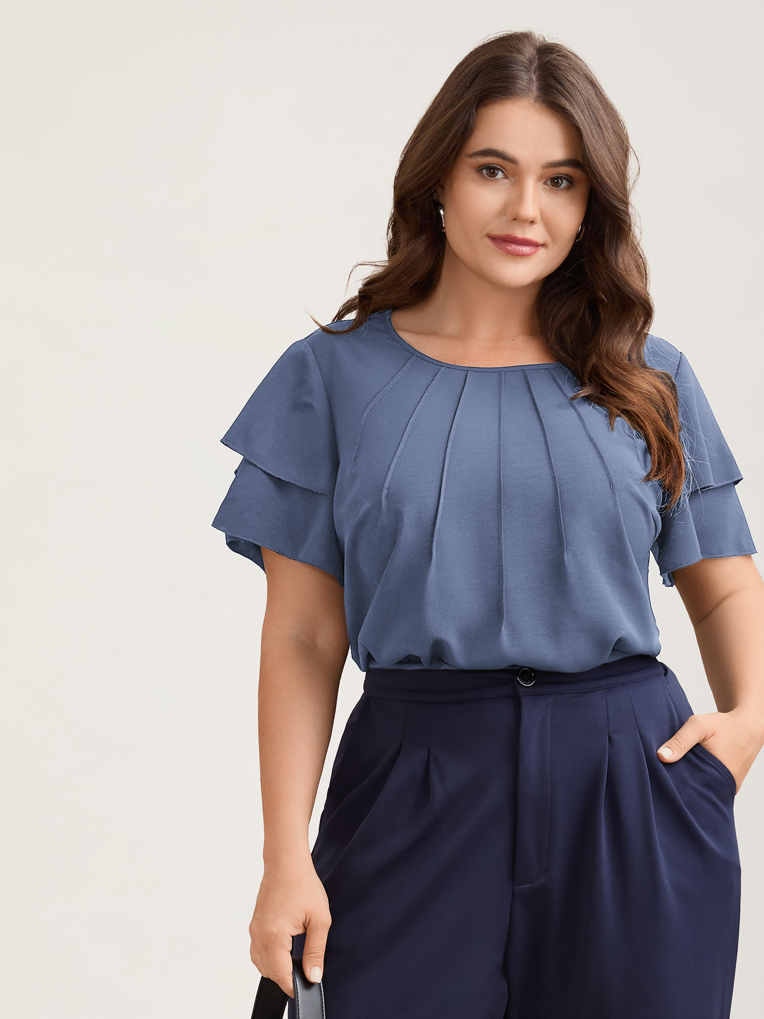 BloomChic Plus Size Toothpick Pleat Layered Flutter Sleeve Blouse - Women's Blue Heaven Solid Round Neck Short sleeve Office Blouses 26-28/3X