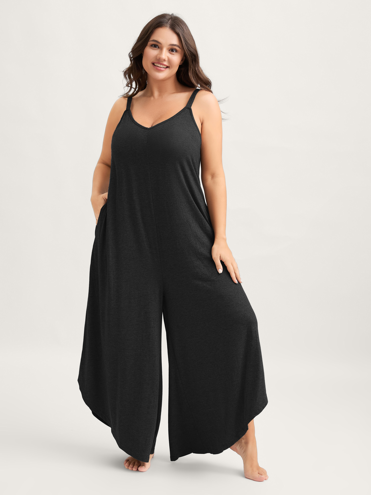 BloomChic Women's Plus Size Supersoft Wide-Leg Cami Lounge Jumpsuit Black not graphics Longline 28/5X-image-48106282909866