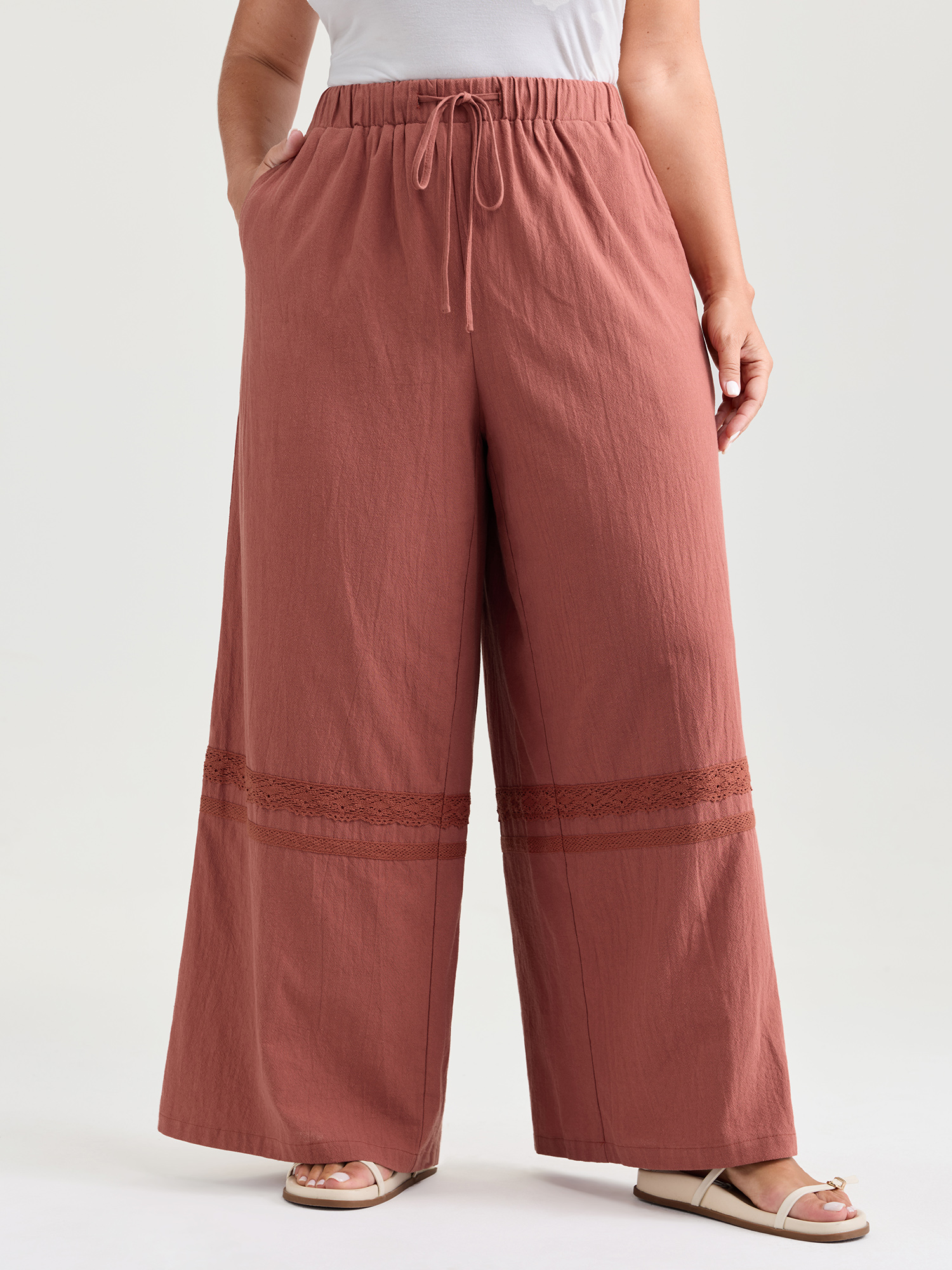 BloomChic Women's Plus Size Cotton Drawstring Waist Lace Trim Pants Rust Wide leg Mid Rise 10/M