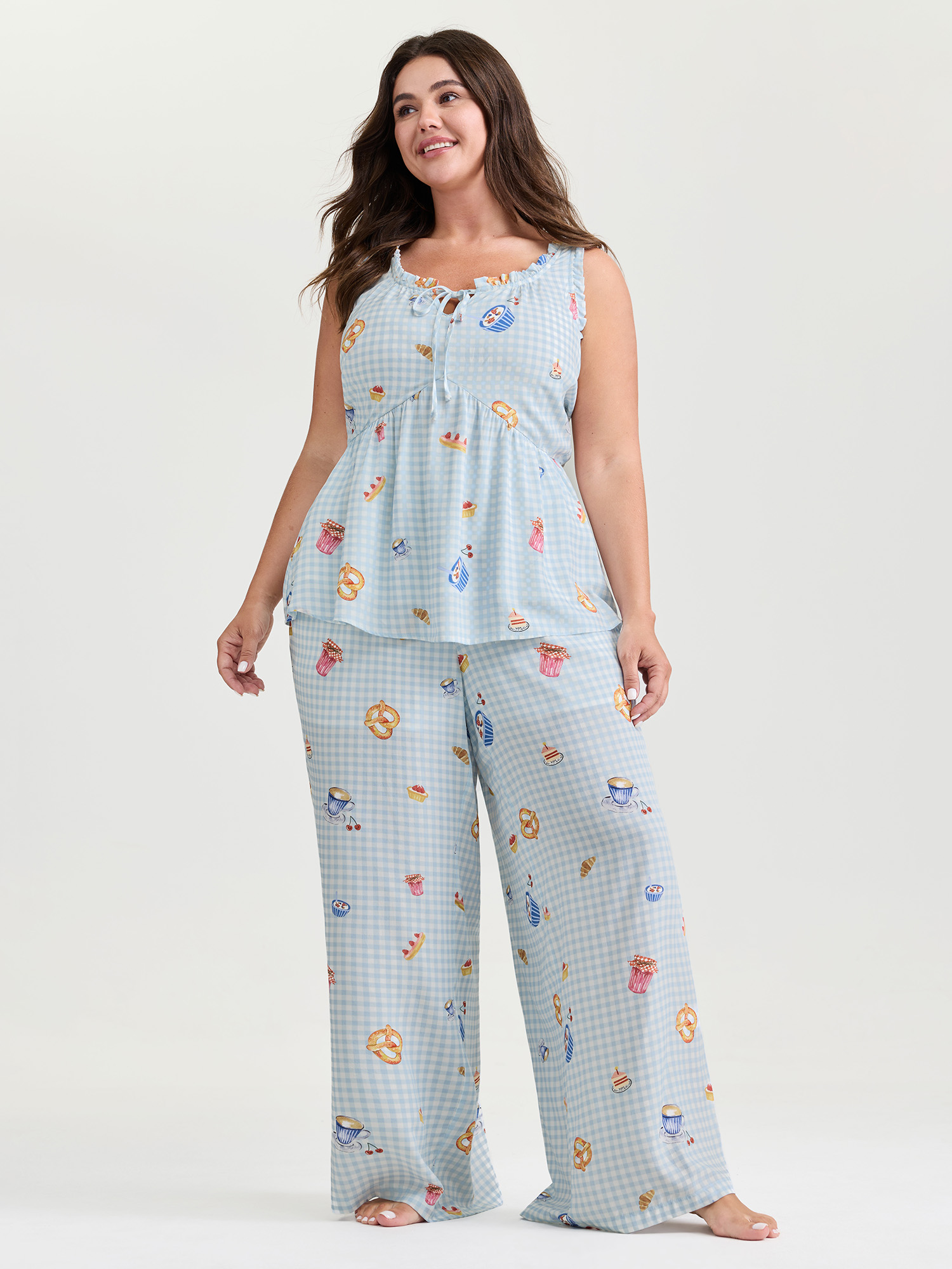 BloomChic Women's Plus Size Pretzel Coffee Print Drawstring Co-Ord Pajama Set LightBlue Plaid Sleeveless Tie knot 18-20/2X-image-48082093899946