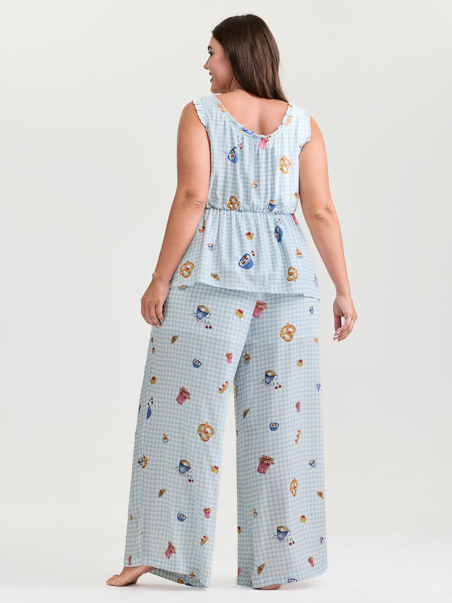 Side view of BloomChic Women's Plus Size Pretzel Coffee Print Drawstring Co-Ord Pajama Set LightBlue Plaid Sleeveless Tie knot 10/M
