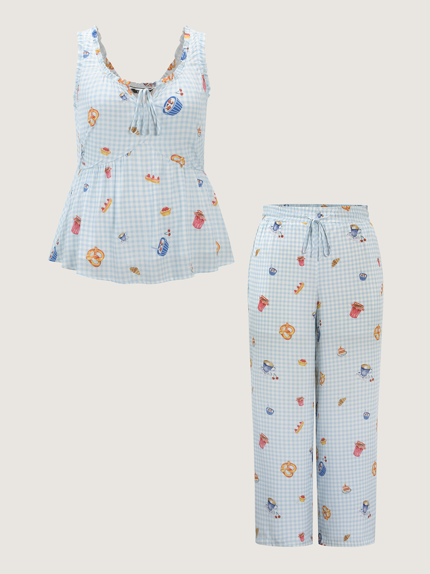 Side view of BloomChic Women's Plus Size Pretzel Coffee Print Drawstring Co-Ord Pajama Set LightBlue Plaid Sleeveless Tie knot 10/M