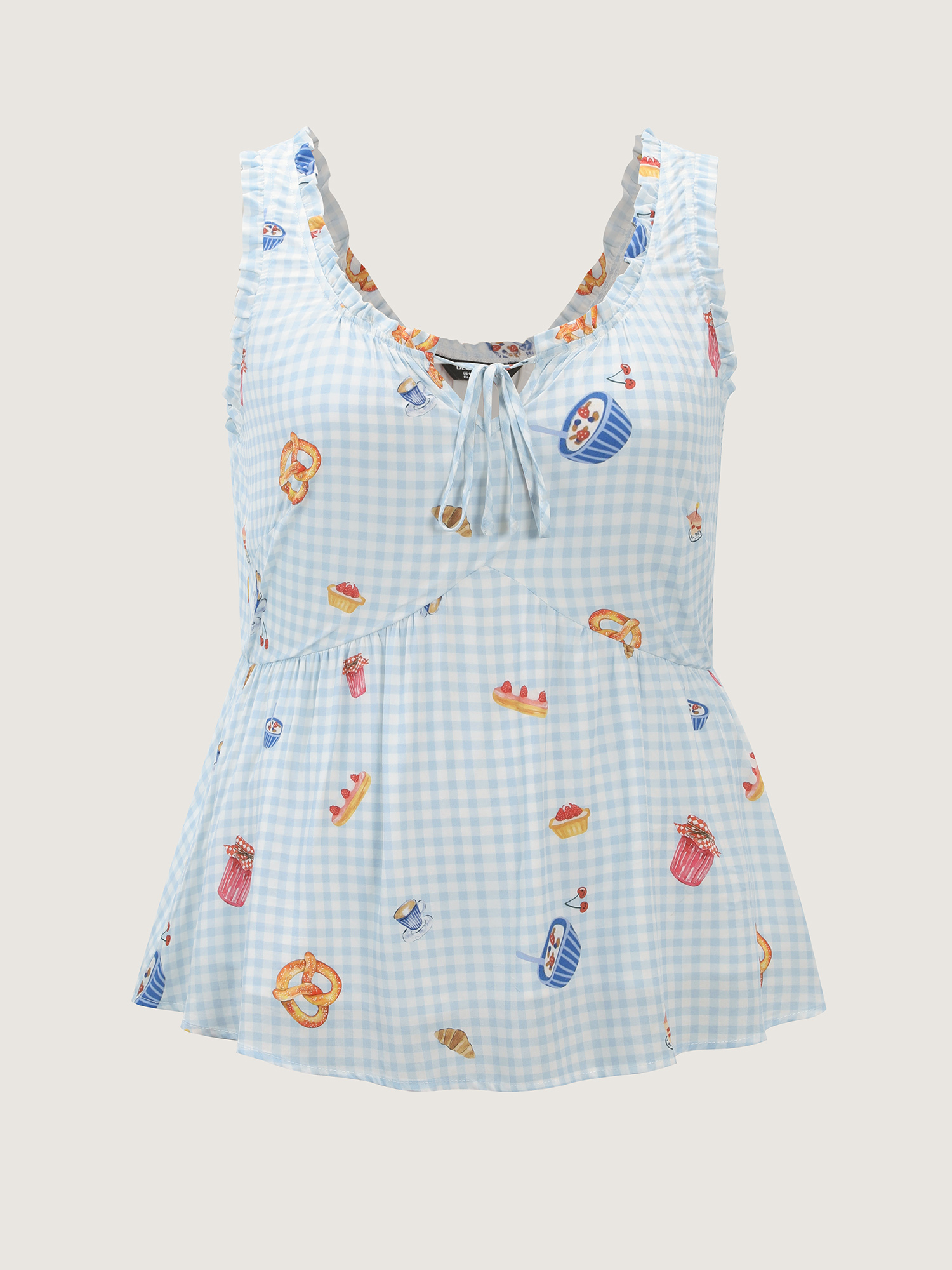 Side view of BloomChic Women's Plus Size Pretzel Coffee Print Drawstring Co-Ord Pajama Set LightBlue Plaid Sleeveless Tie knot 10/M