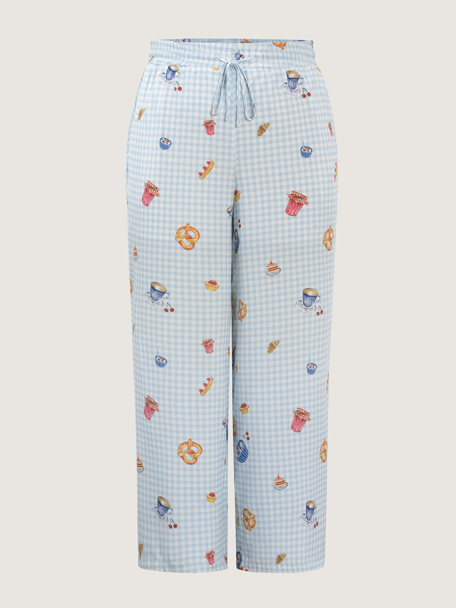 Side view of BloomChic Women's Plus Size Pretzel Coffee Print Drawstring Co-Ord Pajama Set LightBlue Plaid Sleeveless Tie knot 10/M