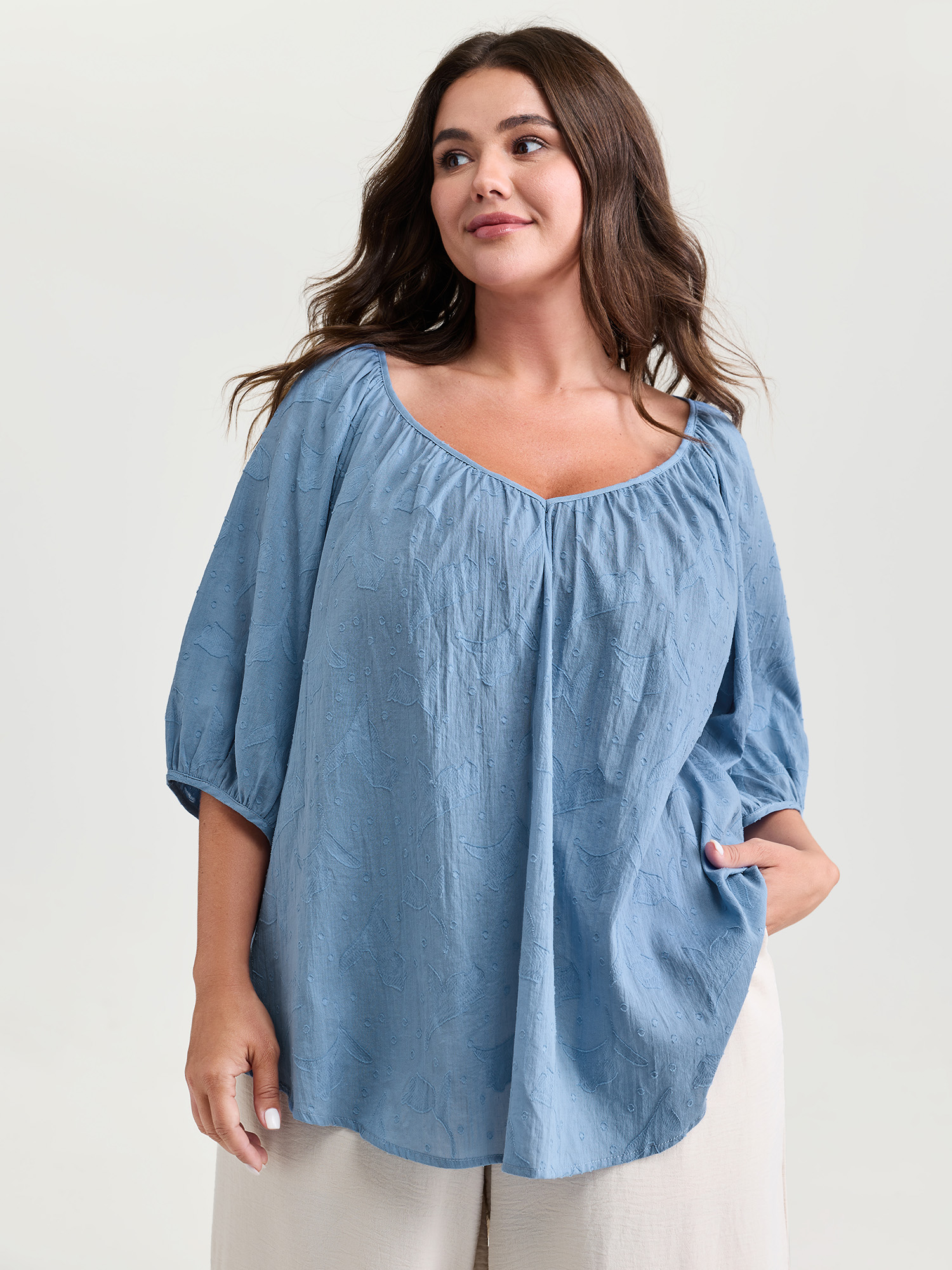 BloomChic Plus Size Pure Cotton Jacquard Pleated Blouse - Women's Blue Heaven Half Sleeve Leisure Blouses 26-28/3X