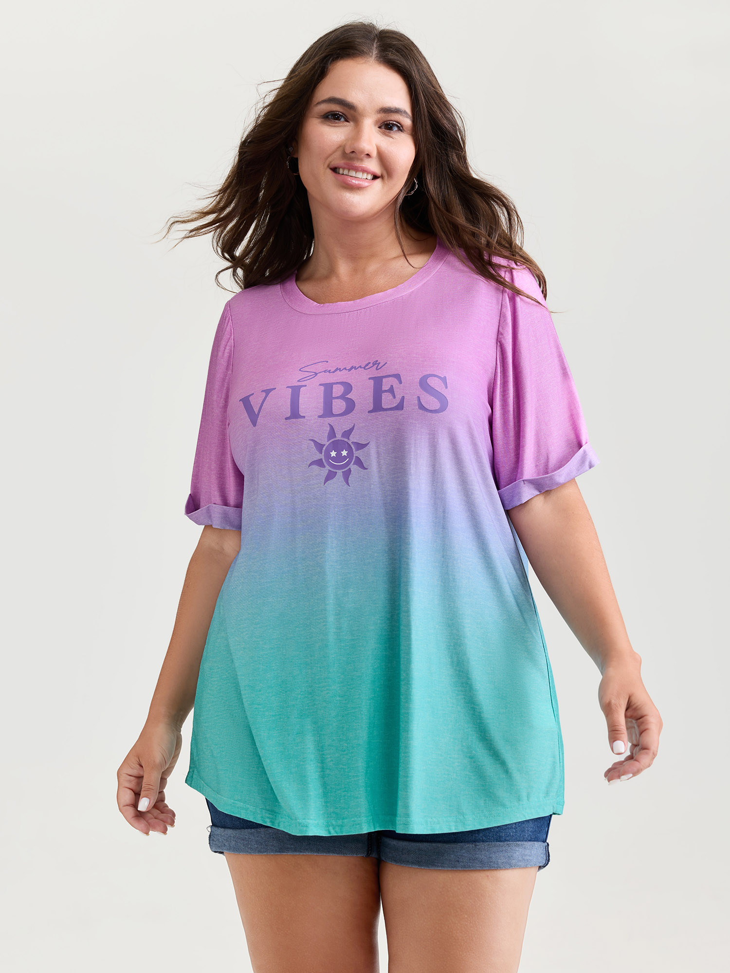 BloomChic Plus Size Good Vibes Color Gradient T-Shirt - Women's Multicolor Gradient dyeing Comfort Sleeve Fit Short sleeve Americana Daily T-shirts 22-24/2X