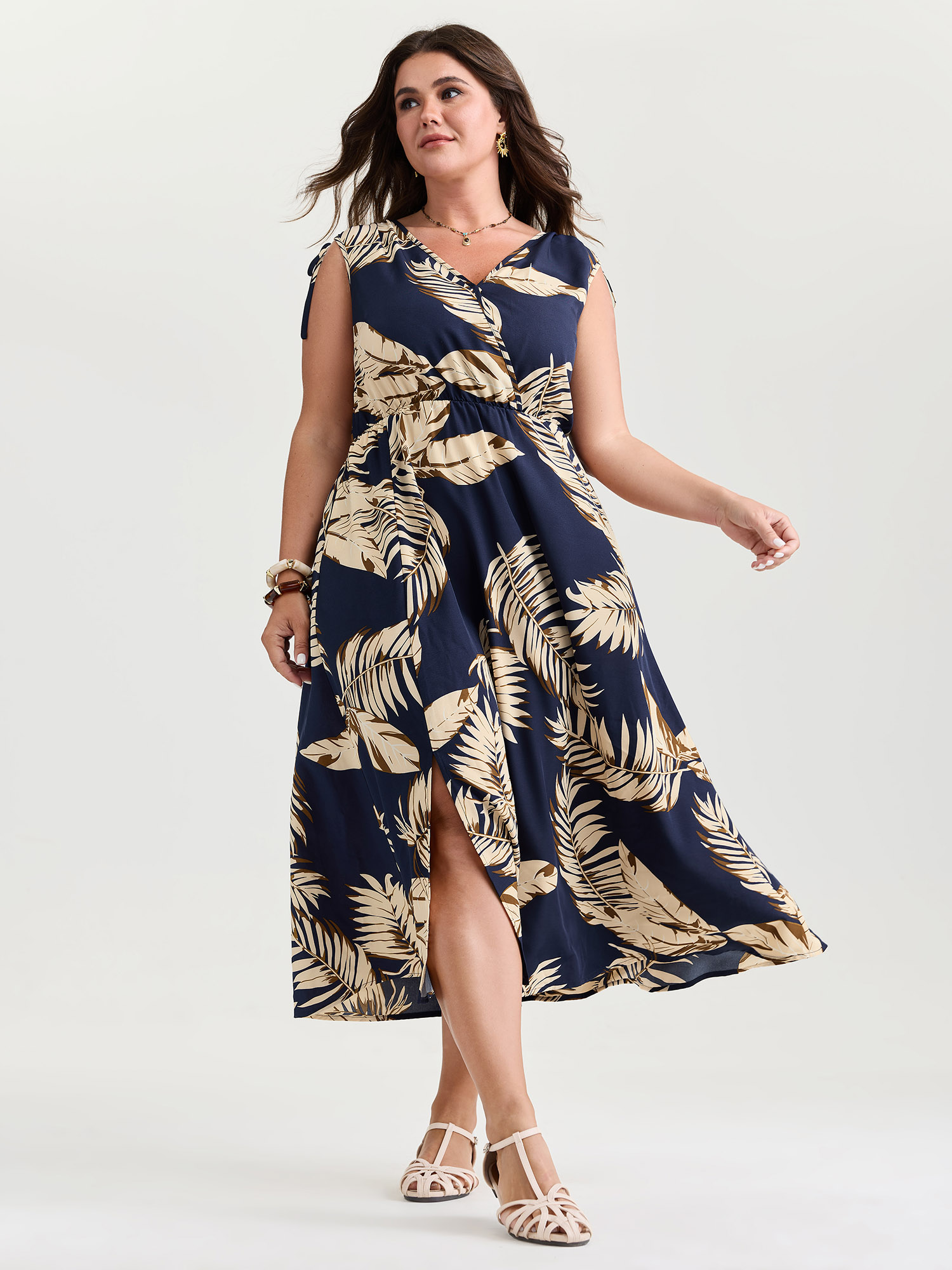 BloomChic Women's Plus Size Tropical Print Wrap Neck Shoulder-Tie Midi Dress DarkBlue Tropical Midi Vacation Overlapping 10/M