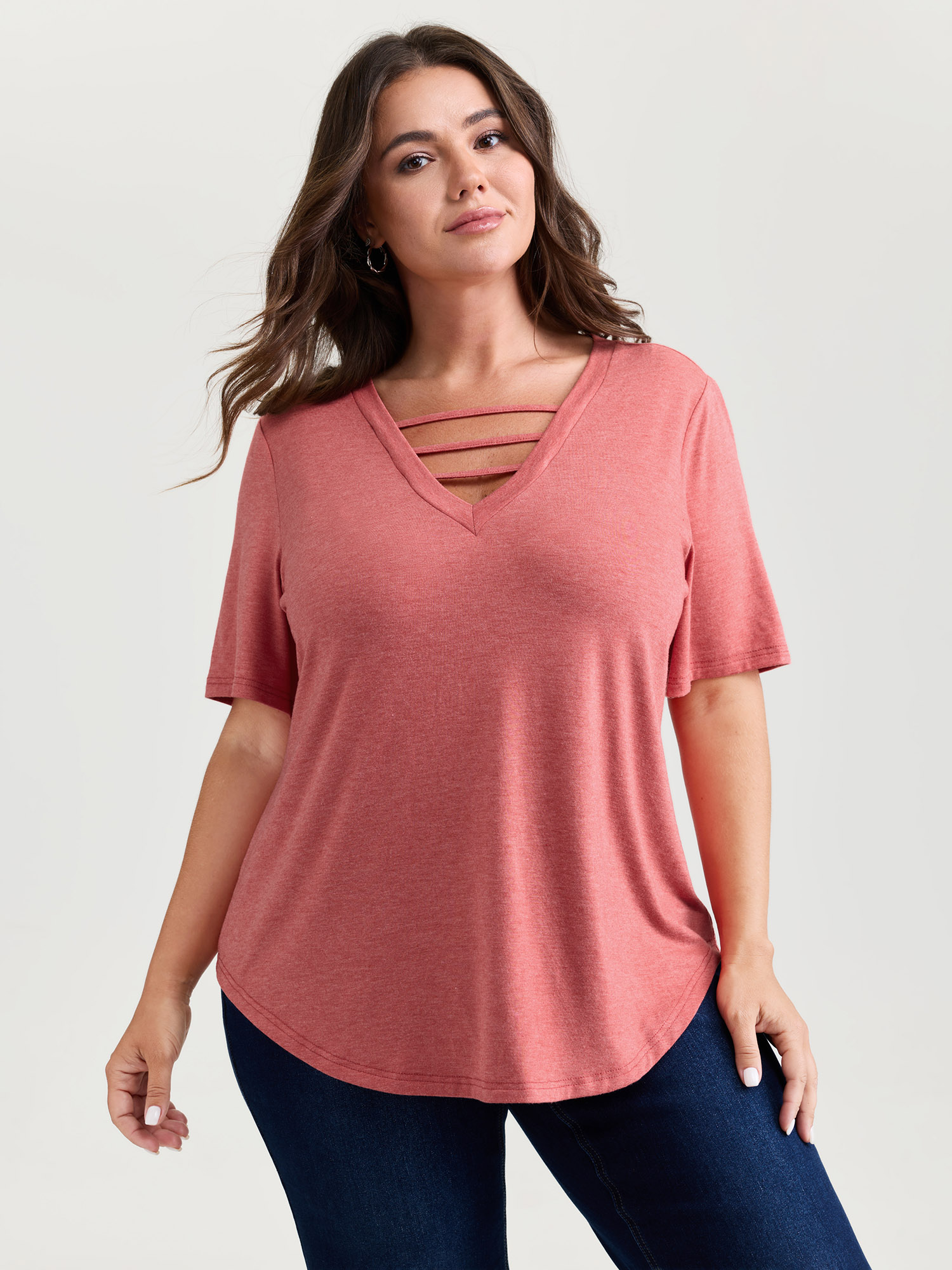BloomChic Plus Size Supersoft Cut-Out Neckline Relaxed-Fit T-Shirt - Women's Strawberry Ice Solid Round Neck Comfort Midsection Fit Long Sleeve Playful T-shirts 14/M