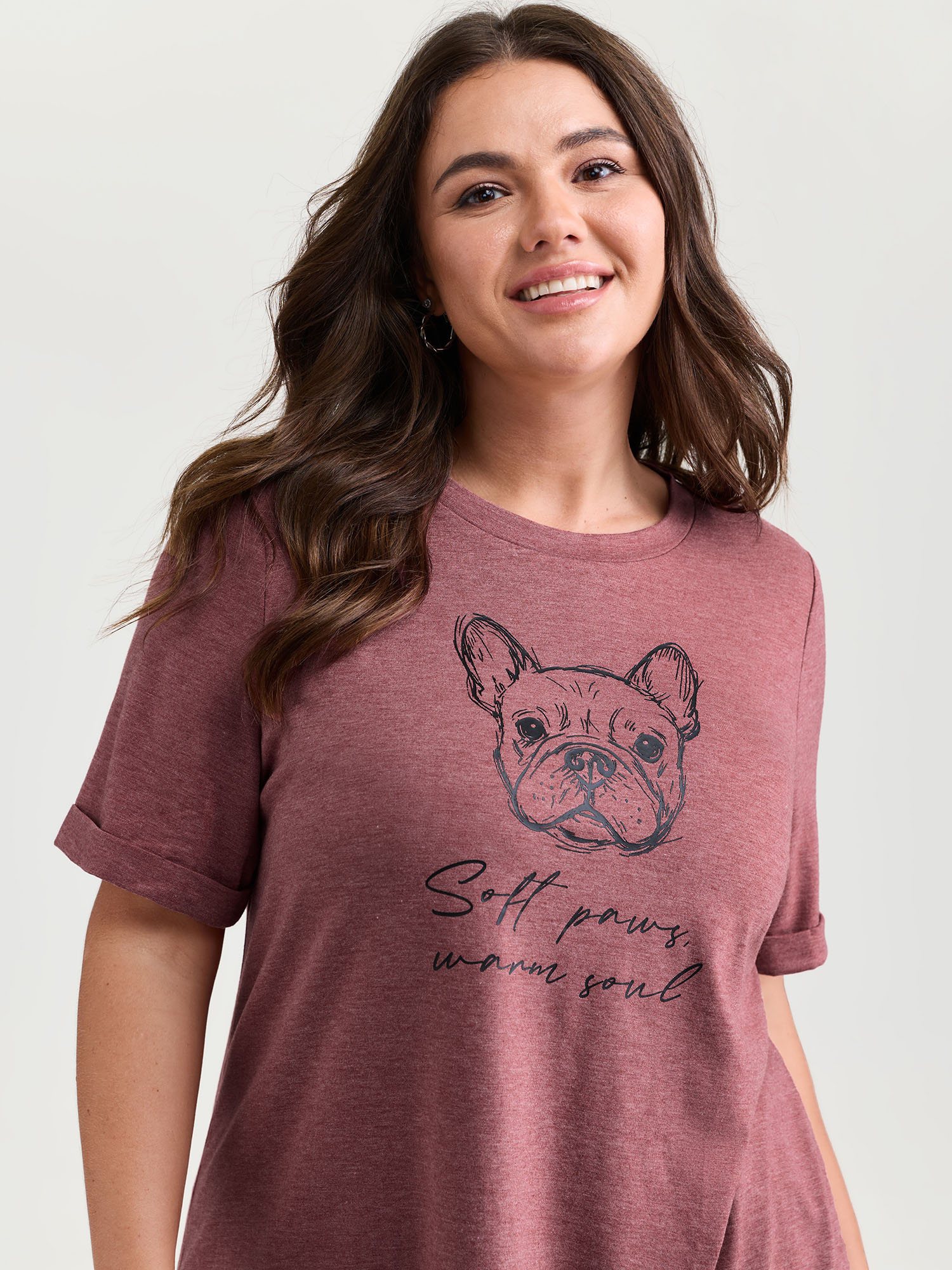BloomChic Plus Size Supersoft Paws Print Stretchy-Fit T-Shirt - Women's Russet Solid Round Neck Comfort Midsection Fit Long Sleeve Playful T-shirts 16/L