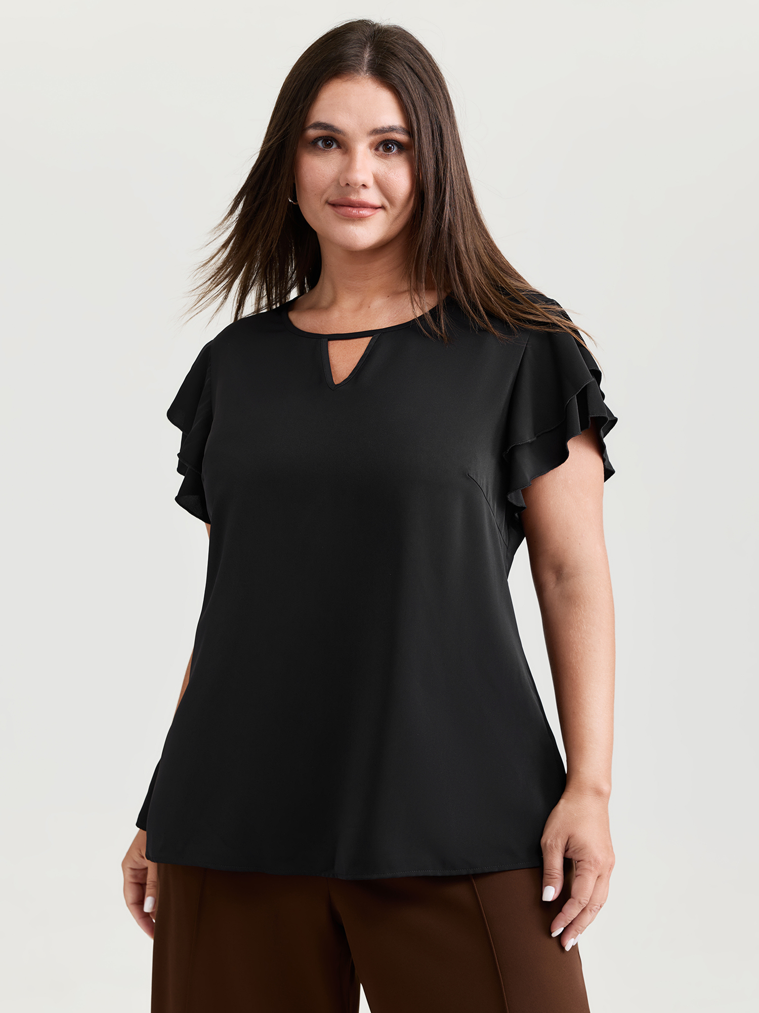 BloomChic Women's Plus Size Layered Ruffled Arm-Friendly Sleeve Blouse Black Office Short sleeve 18-20/2X