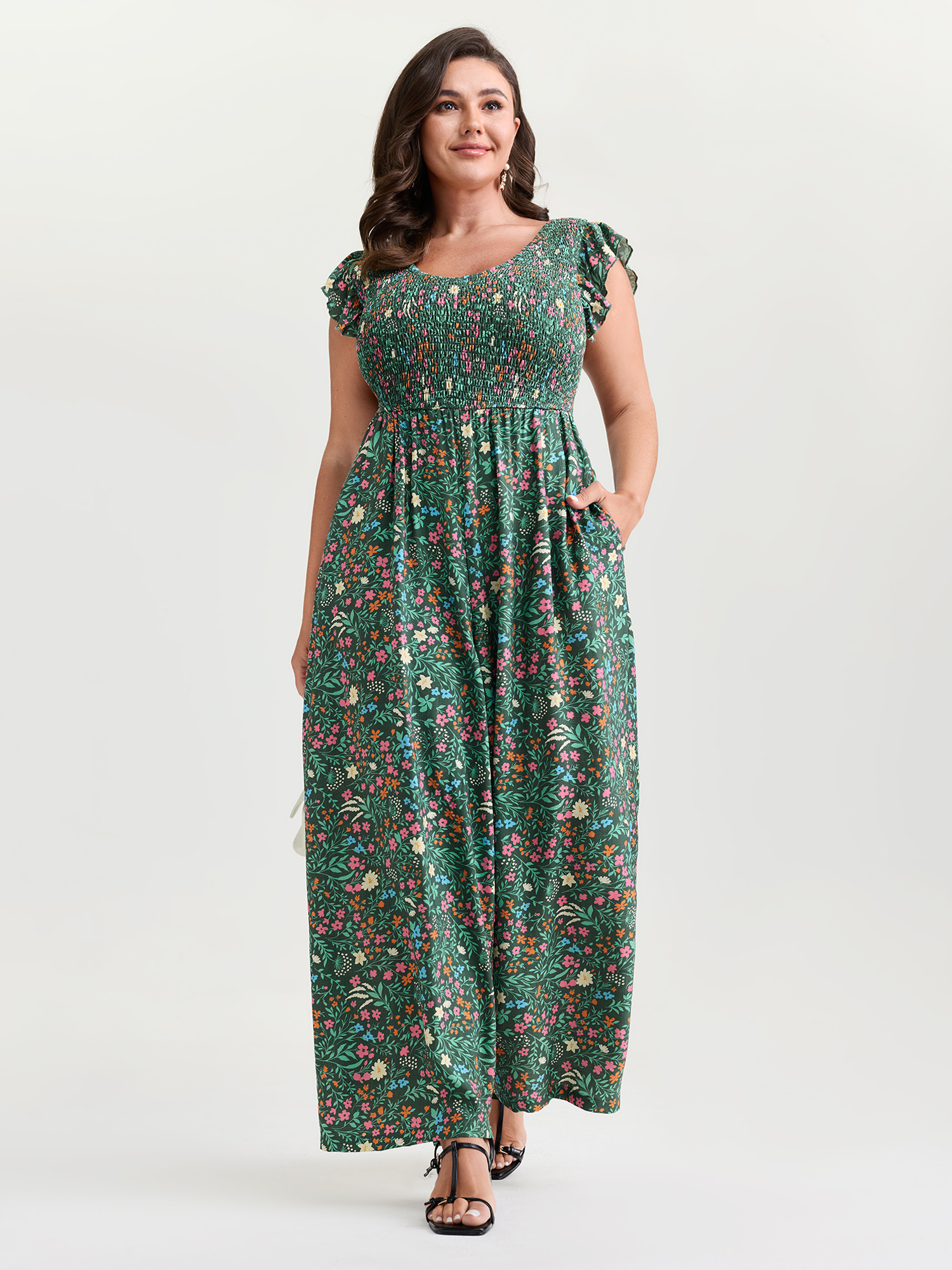 BloomChic Plus Size Breezy Floral Print Flutter Sleeve Jumpsuit - Curve Women's Emerald Playsuit - Side seam pocket X-line Jumpsuits 14/M