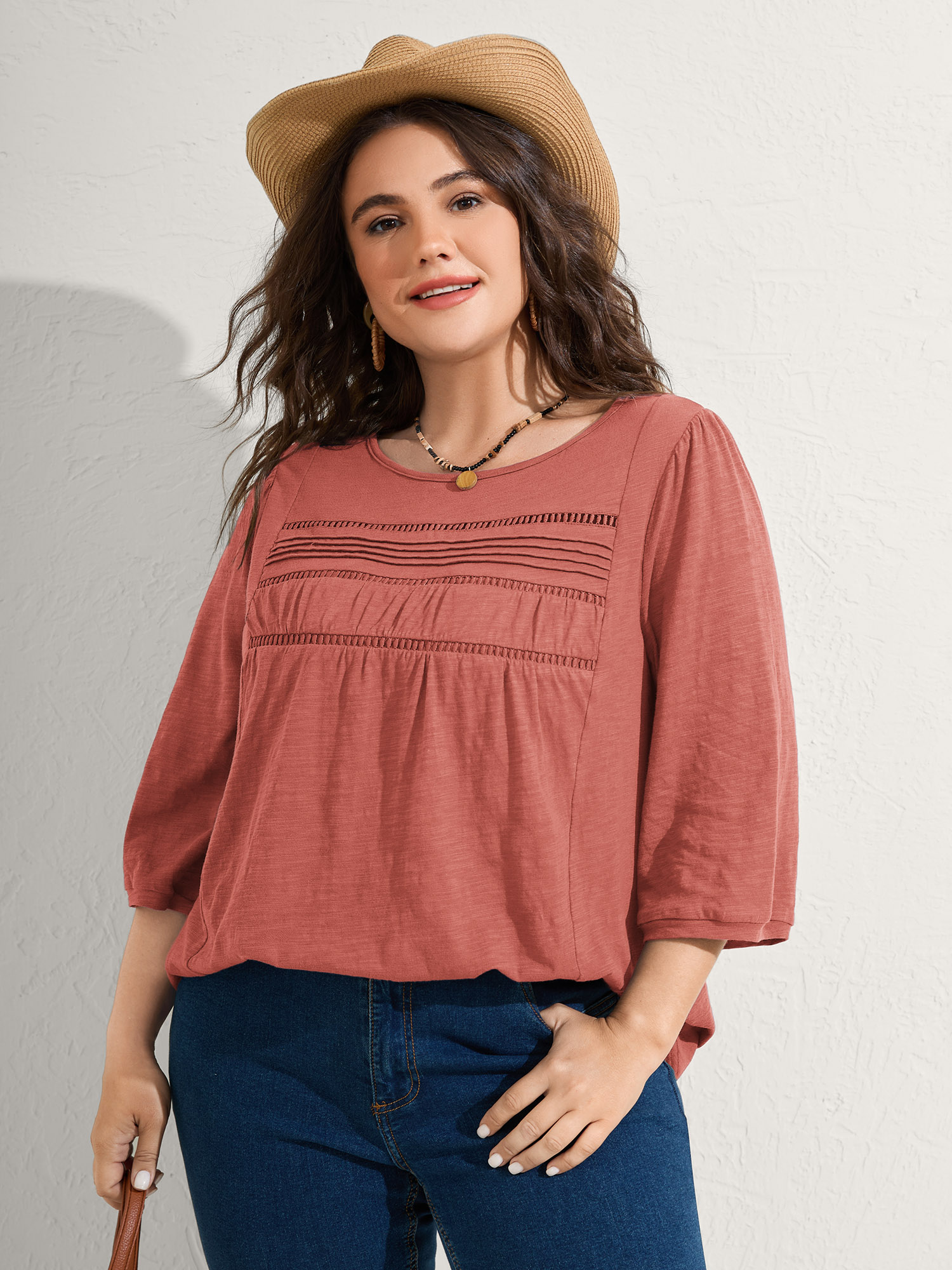 BloomChic Women's Plus Size Cotton Lace Spliced Plain Knit Top Hot Sauce 3/4 Sleeve Vacation Round Neck 10/M