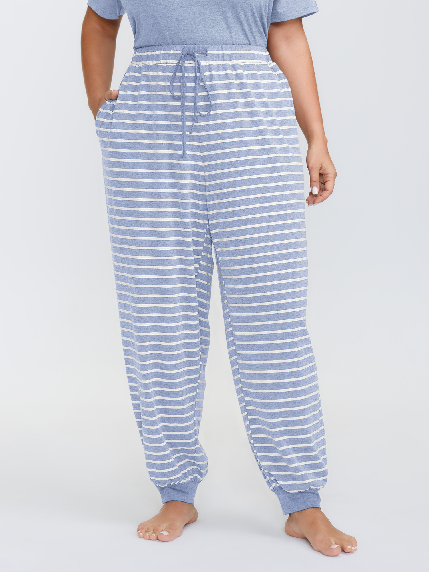 Side view of BloomChic Women's Plus Size Supersoft Striped Print Pajama Set LightBlue 14-16/1X