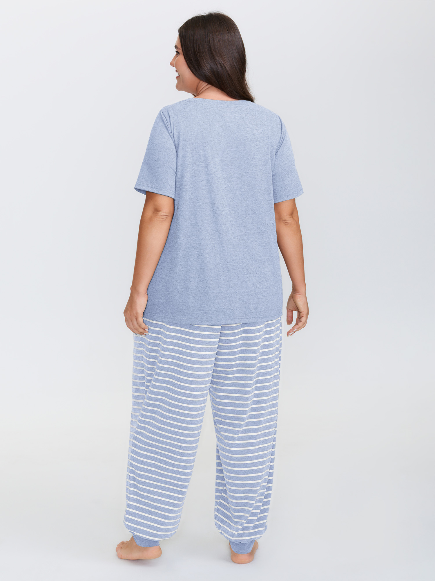 Side view of BloomChic Women's Plus Size Supersoft Striped Print Pajama Set LightBlue 14-16/1X