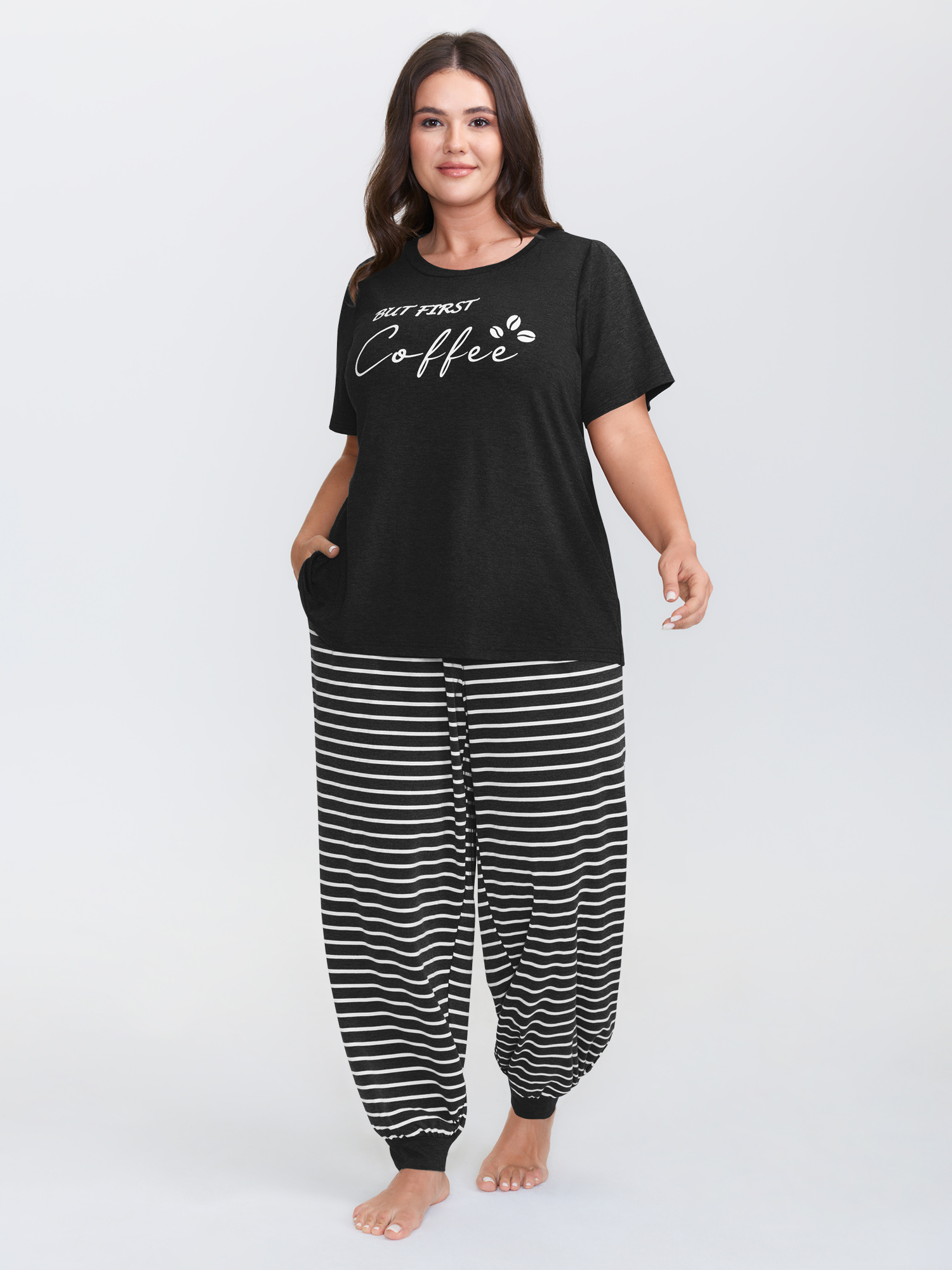BloomChic Women's Plus Size Supersoft Striped Print Pajama Set Black 26/4X-image-48360328134826
