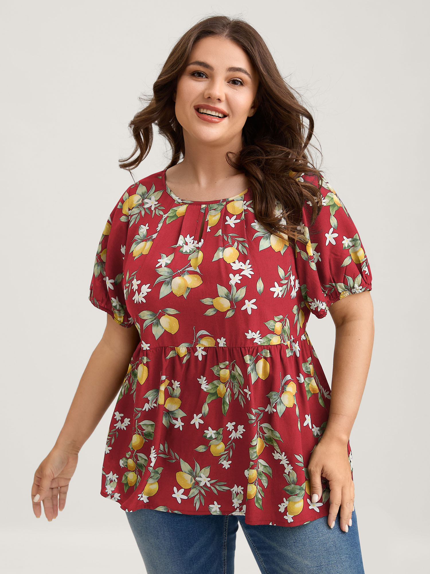 BloomChic Women's Plus Size Citrus Print Bow Backless Blouse Raspberry Fruit Everyday-Casual Short sleeve Round Neck 10/M