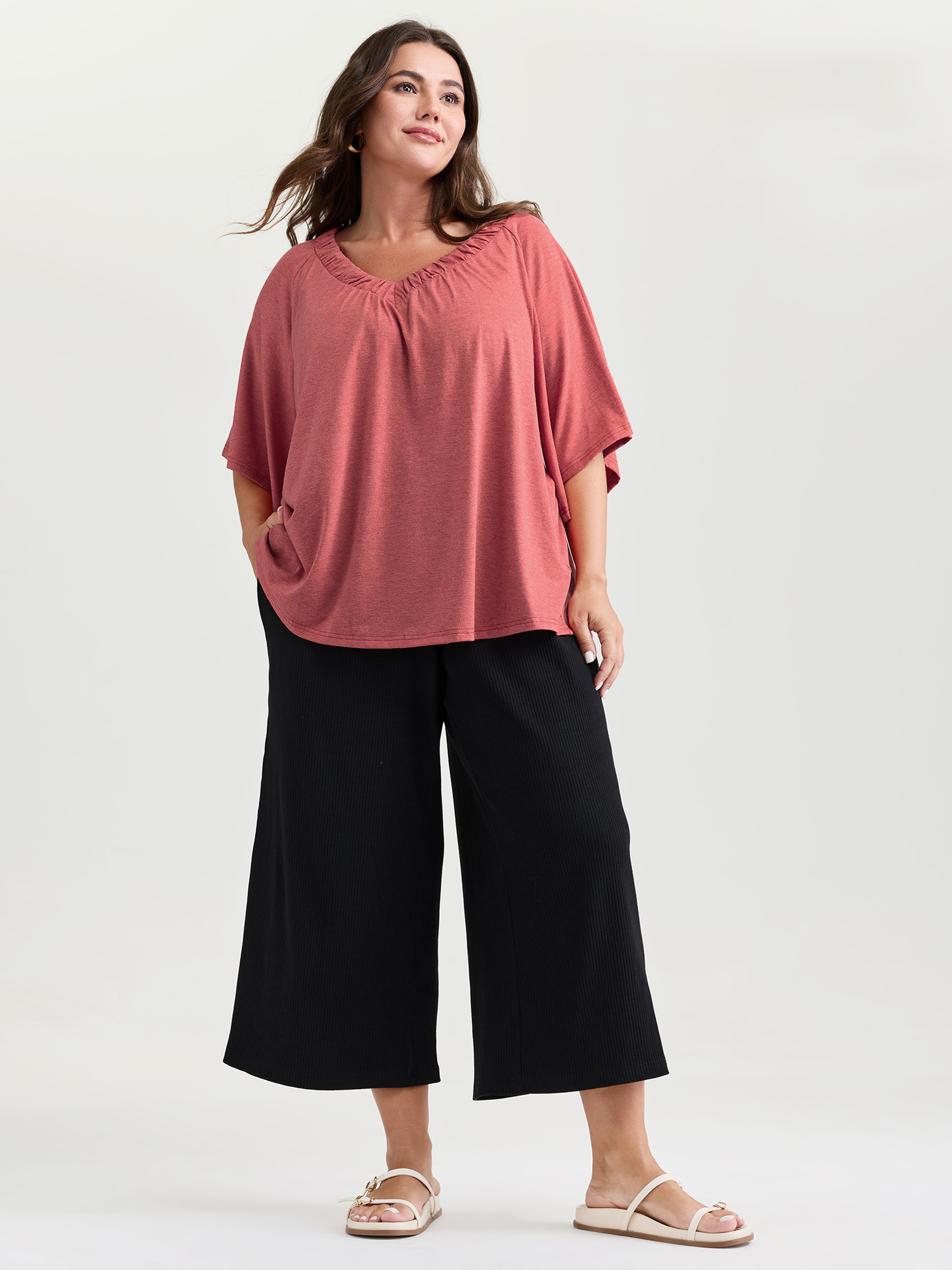 BloomChic Women's Plus Size Supersoft Bust-Friendly Flowy Plain Top Hot Sauce 3/4 Sleeve Everyday-Casual V-Neck 26/4X