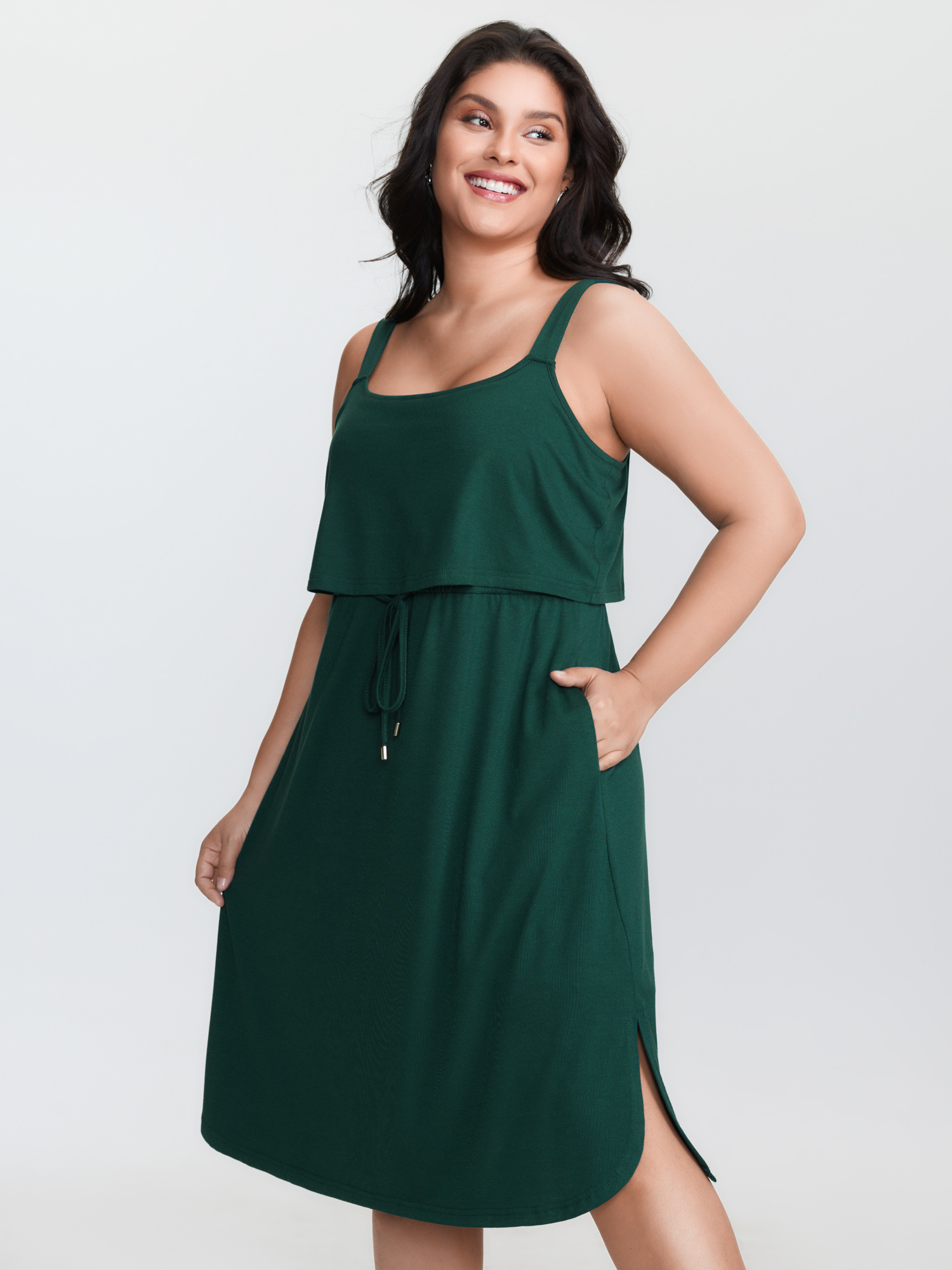 BloomChic Women's Plus Size Drawstring Waist Side Slit Cami Mini Dress DarkGreen Solid Mini Everyday-Casual Drawstring 22-24/3X