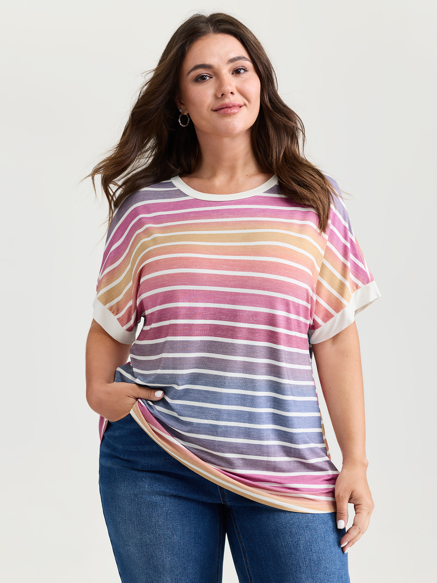 BloomChic Women's Plus Size Colorful Gradient Stripe Round Neck T-Shirt Multicolor Stripes Everyday-Casual Short sleeve Round Neck 10/M