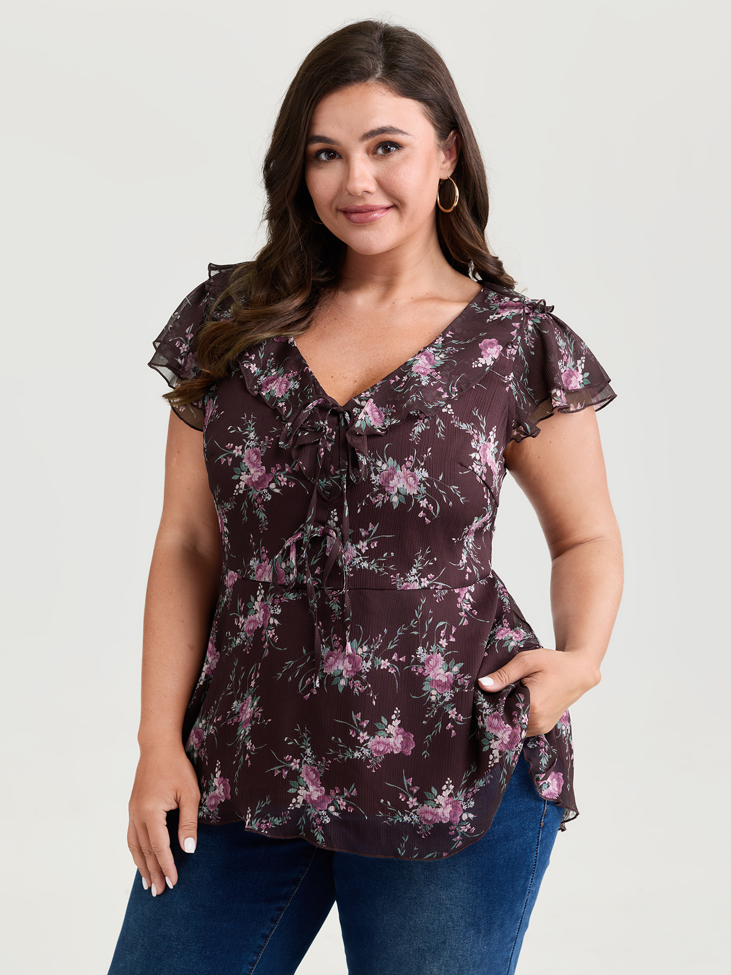 BloomChic Women's Plus Size Romantic Floral Print Layered Ruffled Sleeve Blouse Burgundy Ditsy Floral Everyday-Elegant Short sleeve 12/L