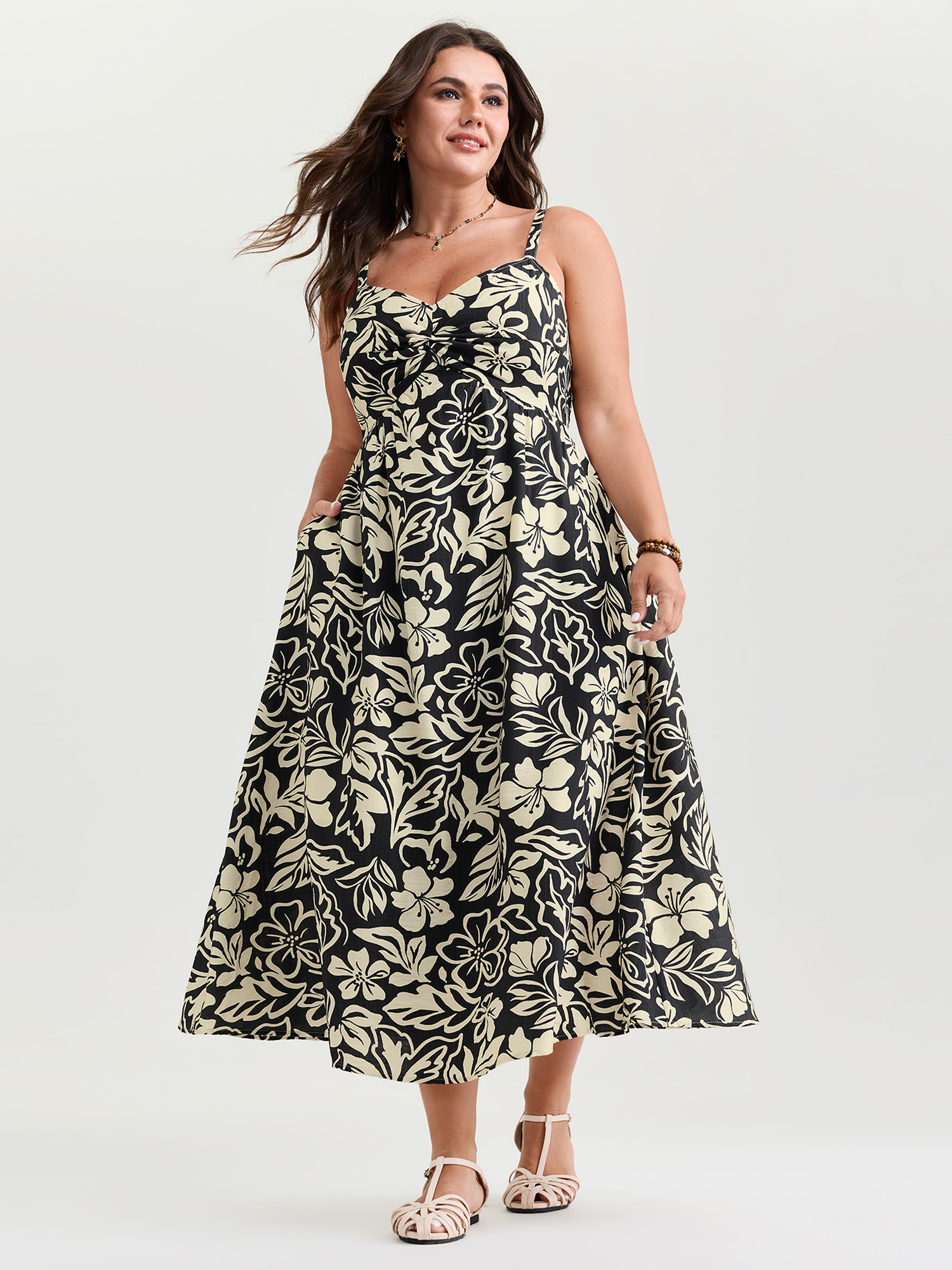 BloomChic Women's Plus Size Supersoft Silhouette Flower Print Midi Dress Black Floral Midi Vacation Twist 10/M
