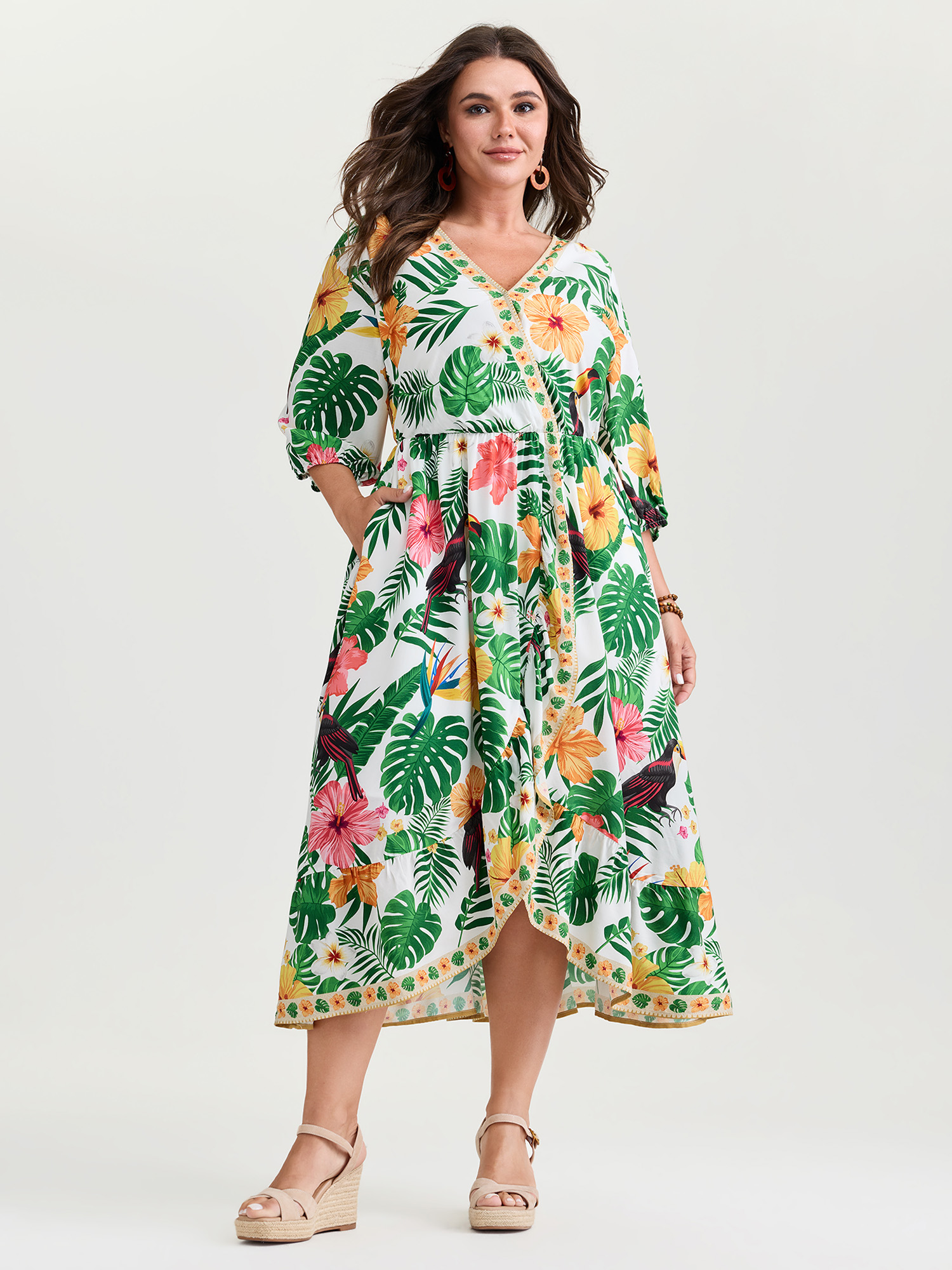 BloomChic Women's Plus Size Vibrant Floral Print Wrap Neckline Midi Dress Multicolor Tropical Midi Vacation Overlapping 10/M