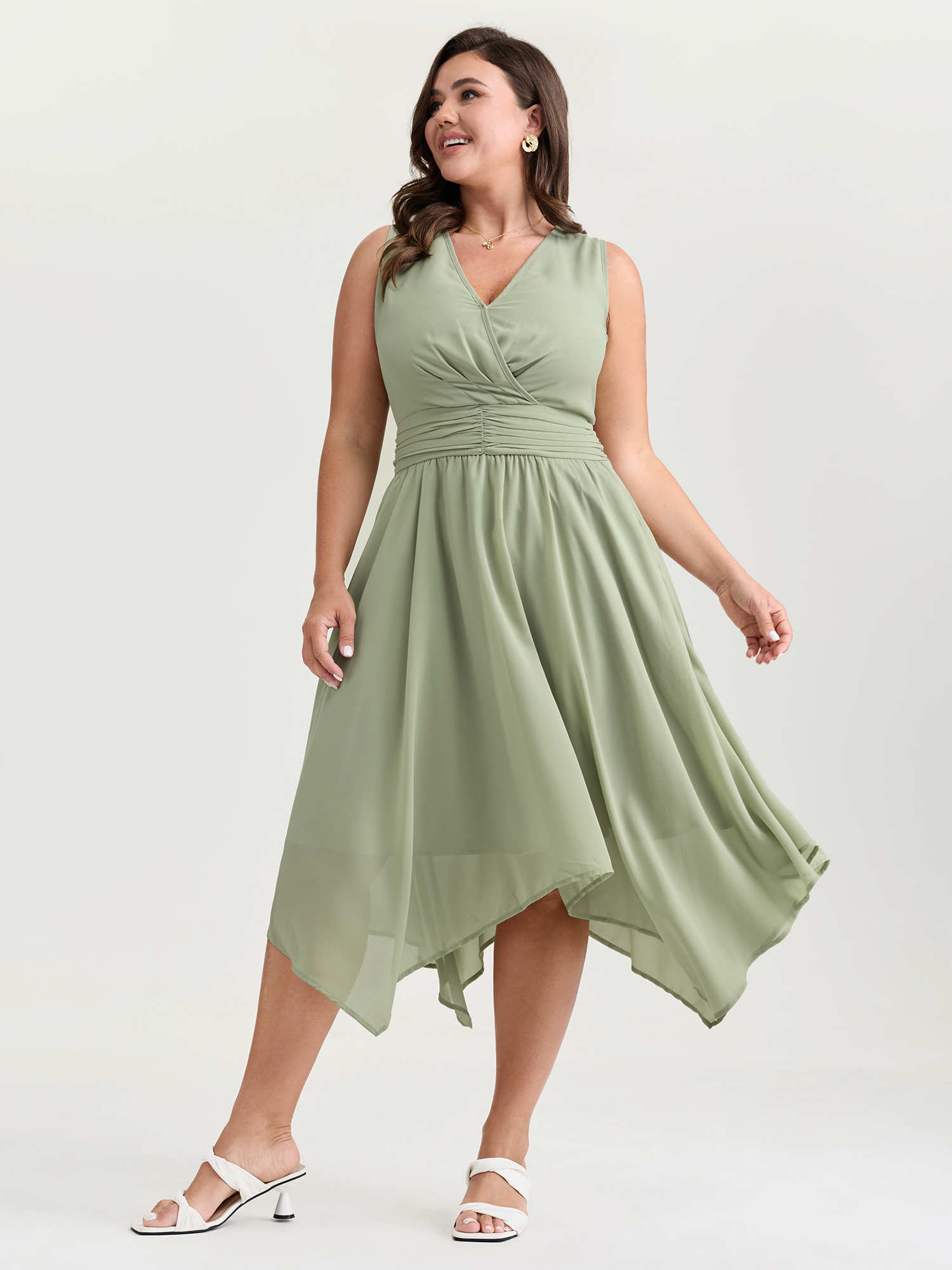 BloomChic Plus Size Pleated Waist Pockets High Low Hem Midi Dress - Curve Ladies Tea Elegant Sleeveless Side seam pocket Daily Dresses 16/L
