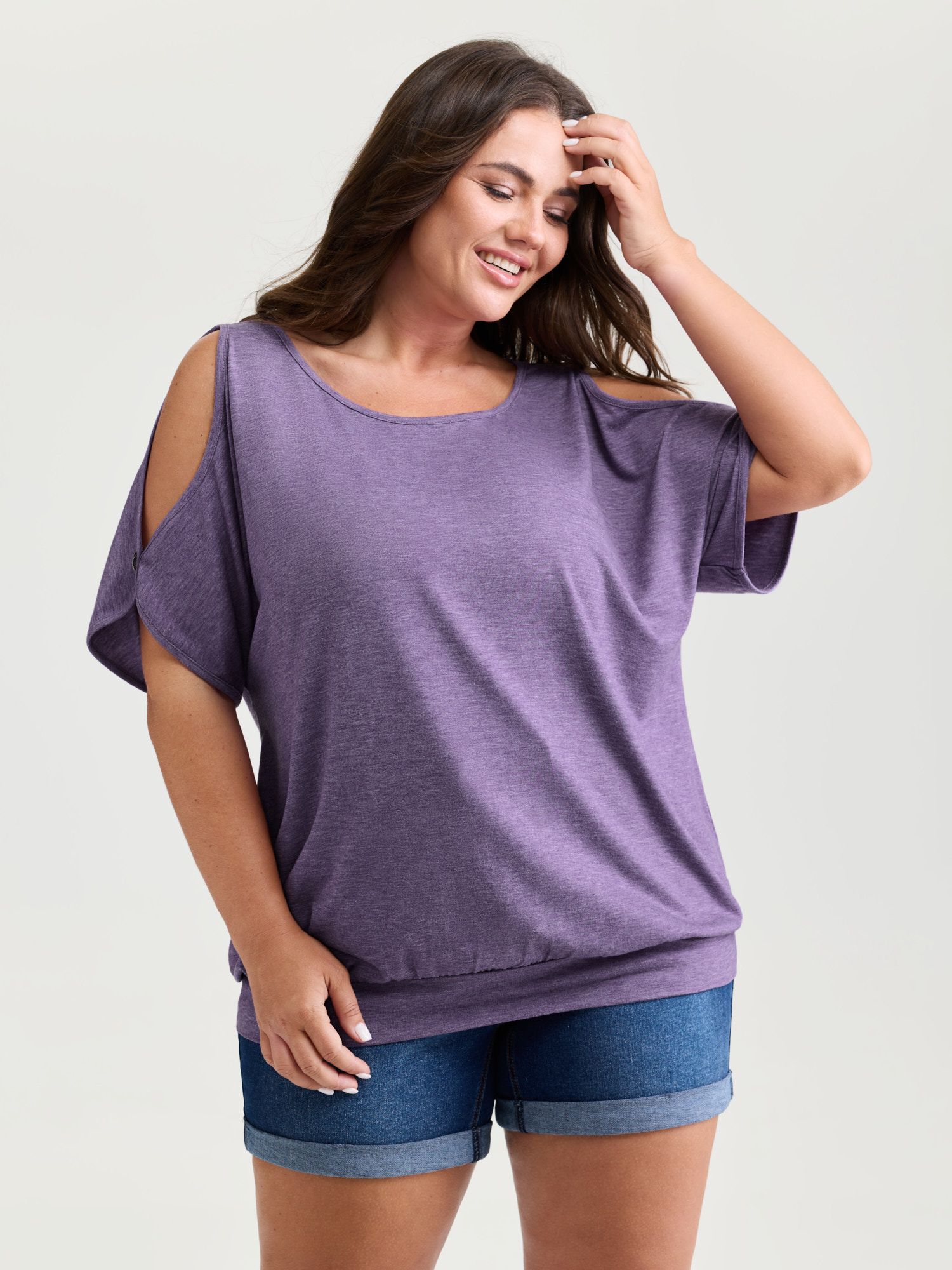 BloomChic Plus Size Supersoft Cut-Out Shoulder T-Shirt - Women's Grape Compote Solid Round Neck Comfort Midsection Fit Long Sleeve Playful T-shirts 16/L