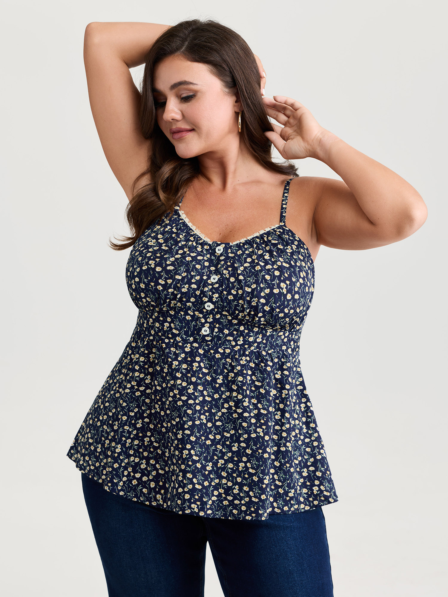 BloomChic Women's Plus Size Retro Floral Print Lace Trim Tank Top DarkBlue Everyday-Elegant A-line 22-24/3X