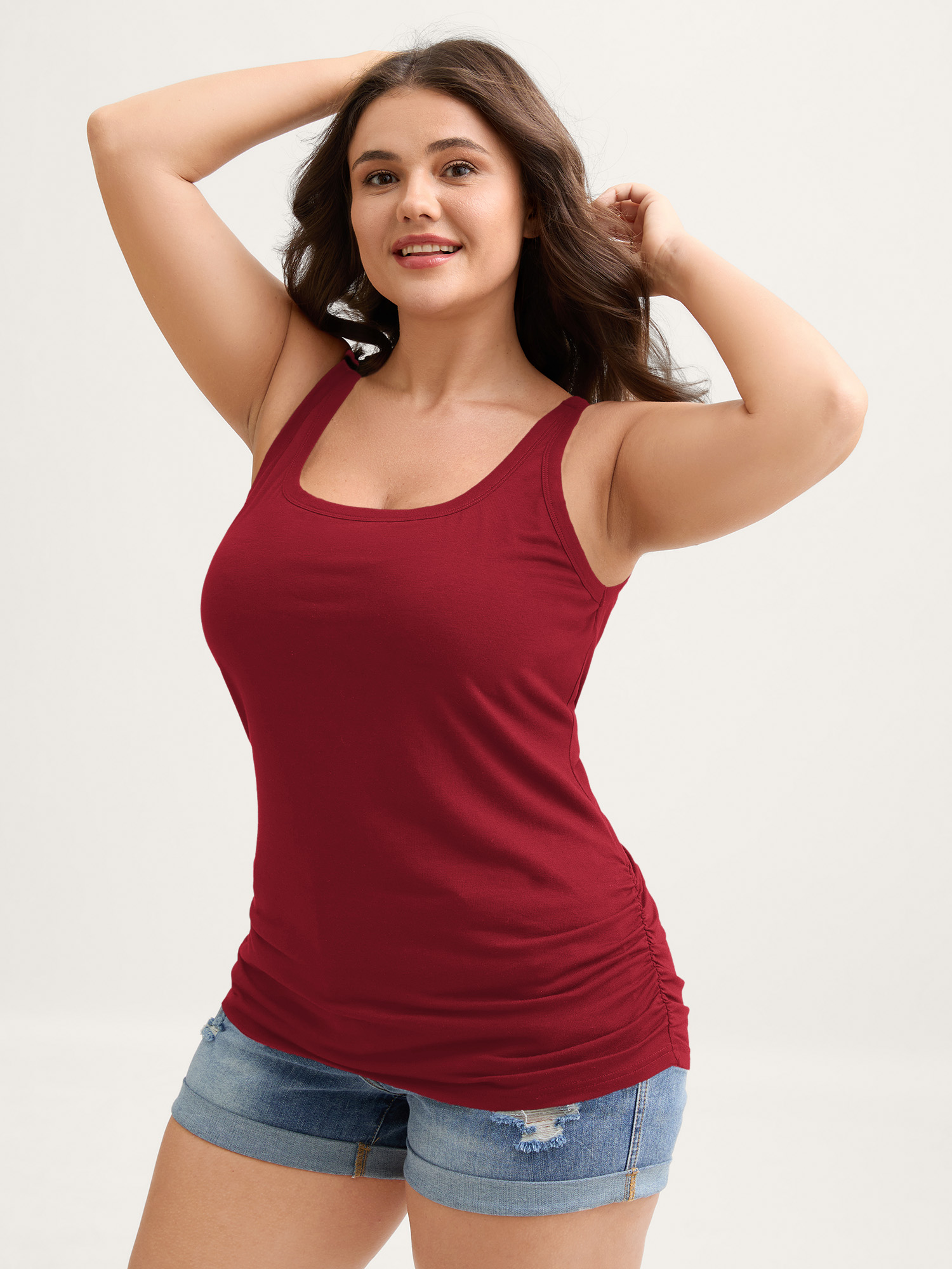 BloomChic Plus Size Supportive Bra Pleated Fitted Tank Top - Women's Solid Square Neck Comfort Midsection Fit Sleeveless Leisure Tank Tops Camis 34/6X