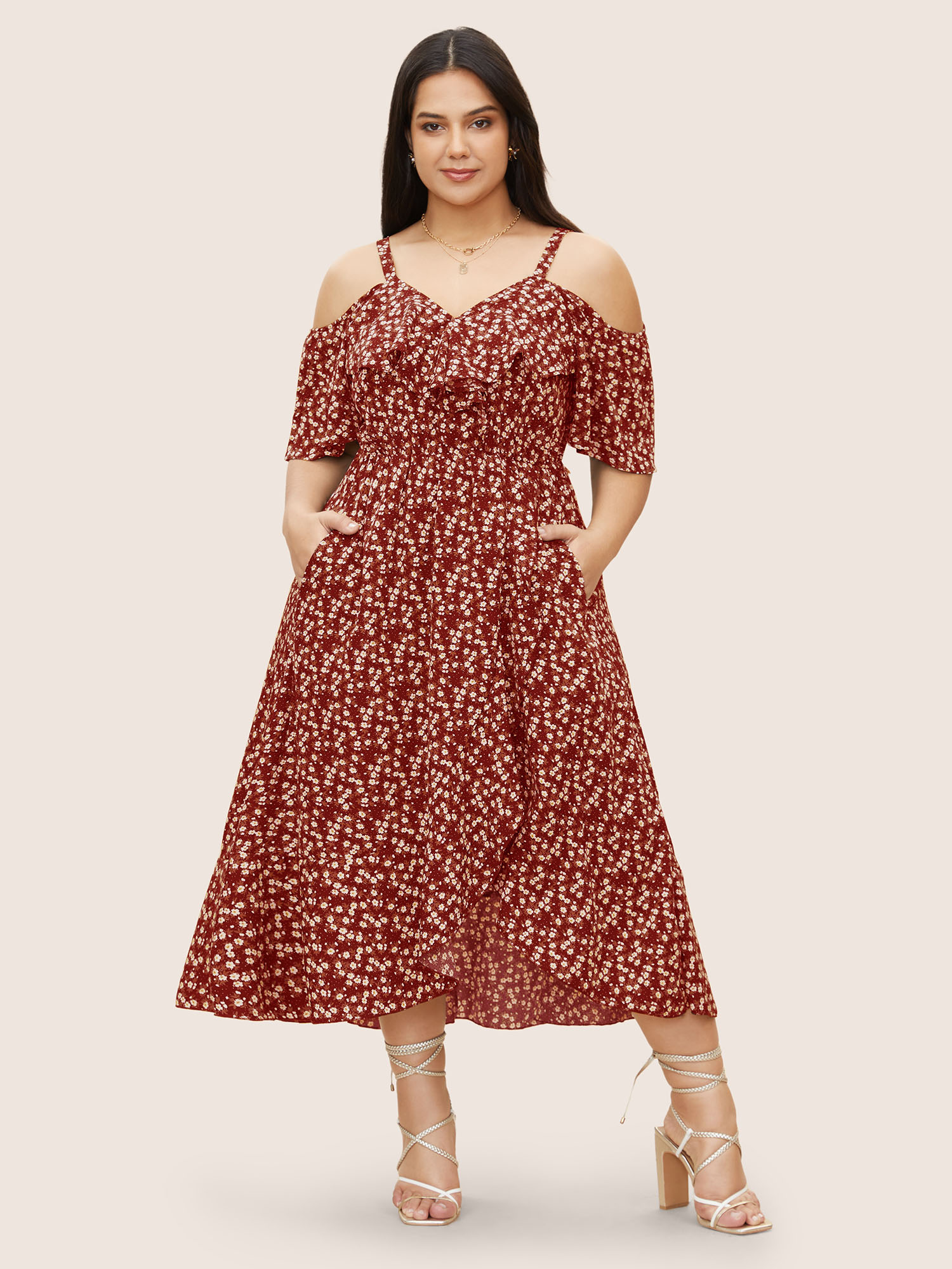 BloomChic Women's Plus Size Ditsy Floral Pocket Wrap Cold Shoulder Ruffle Dress Burgundy Ditsy Floral Midi Everyday-Elegant Cold Shoulder 30/6X