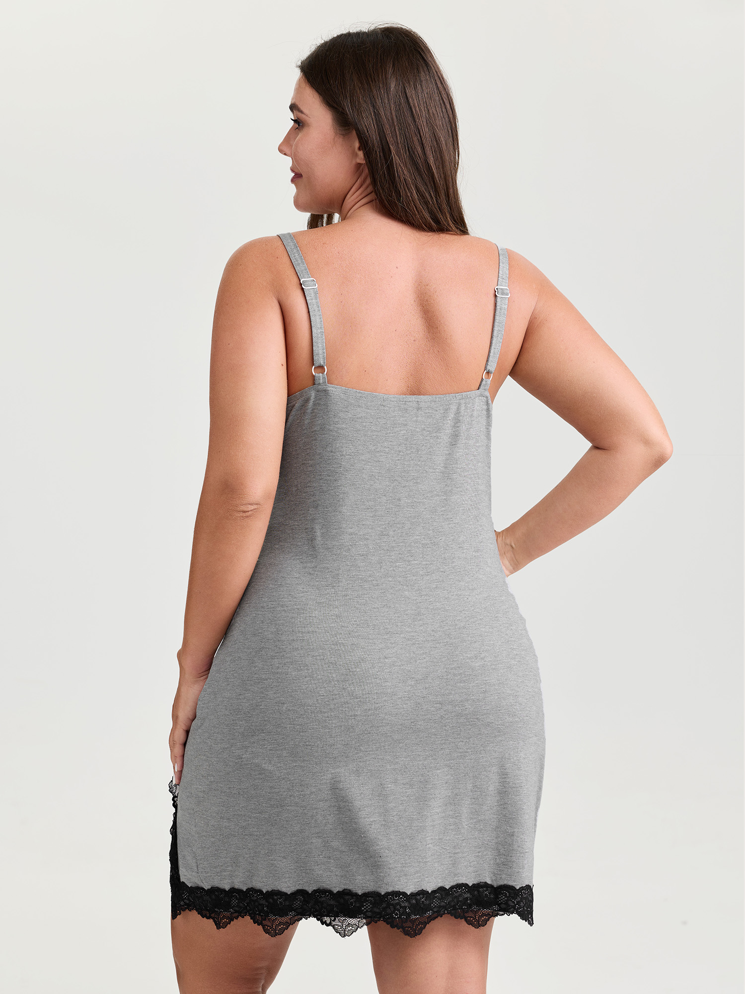 Side view of BloomChic Women's Plus Size Supersoft Contrast Lace Slit Nightgown DimGray Sleeveless Tunic 12/L