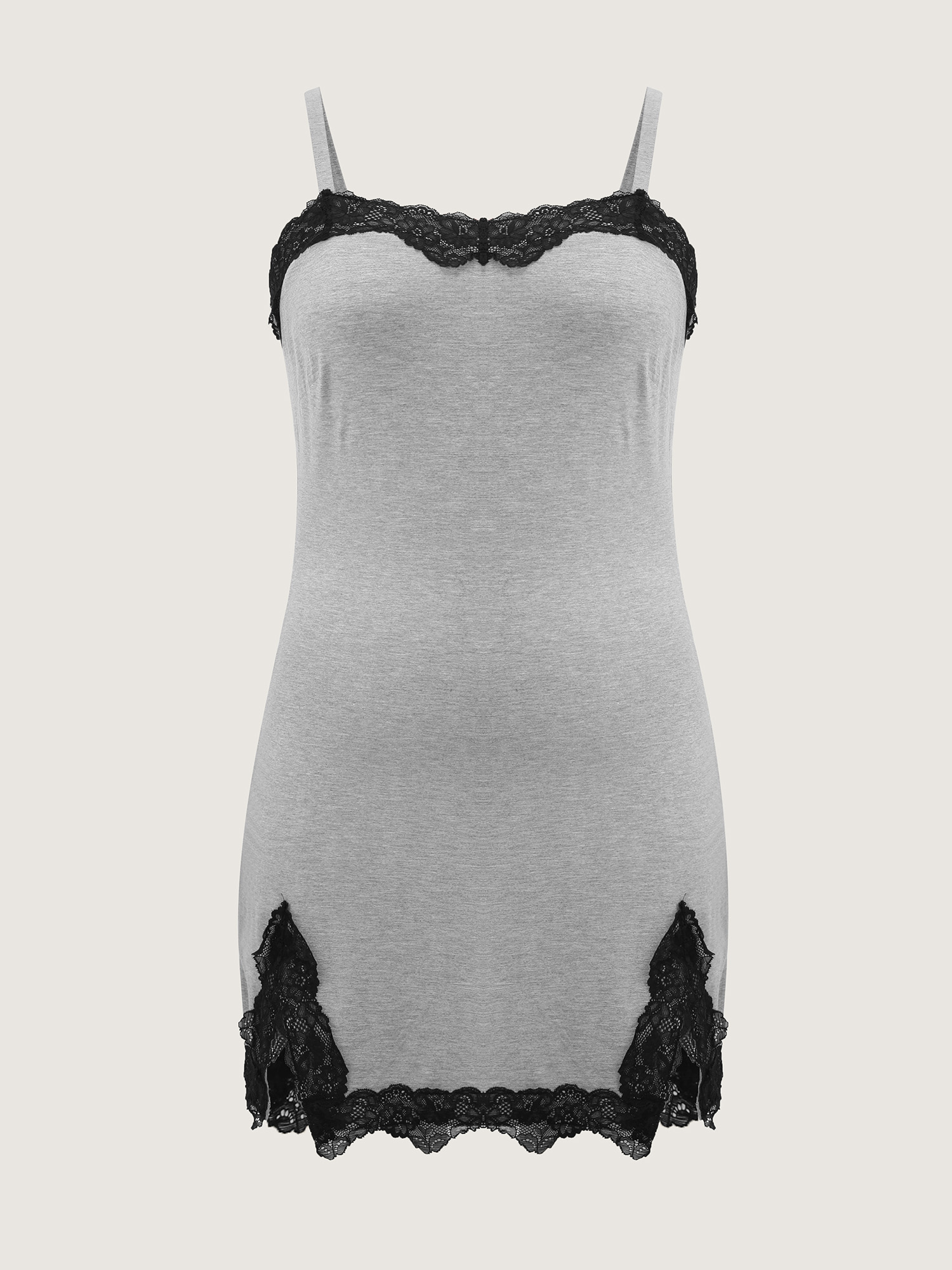 Side view of BloomChic Women's Plus Size Supersoft Contrast Lace Slit Nightgown DimGray Sleeveless Tunic 12/L