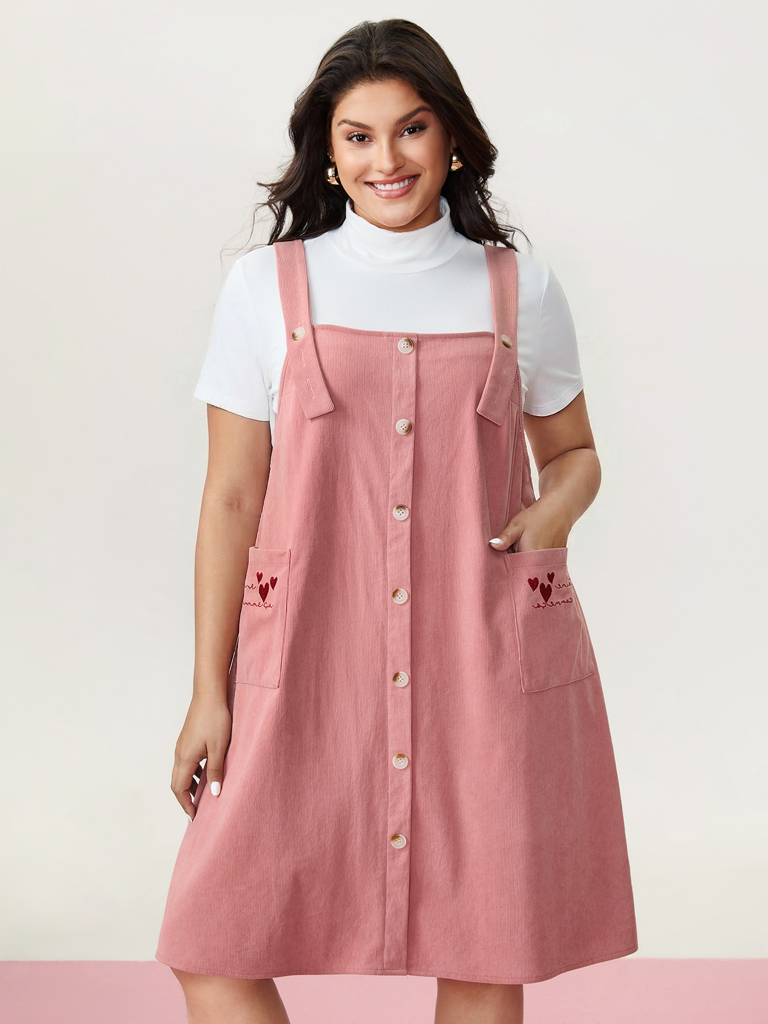 BloomChic Women's Plus Size Heart Embroidered Pockets Adjustable Overall Dress Pink Nectar Solid Mini Everyday-Casual Button Front 10/M