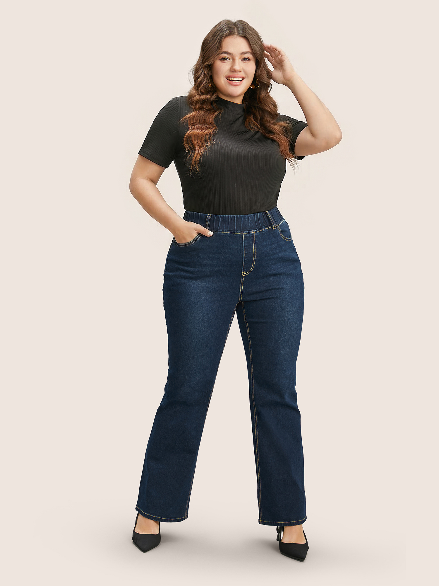 BloomChic Women's Plus Size Elastic Waist Stretchy Bootcut Flared Jeans Baritone Blue not graphics Non Straight fit High stretch 20/2X