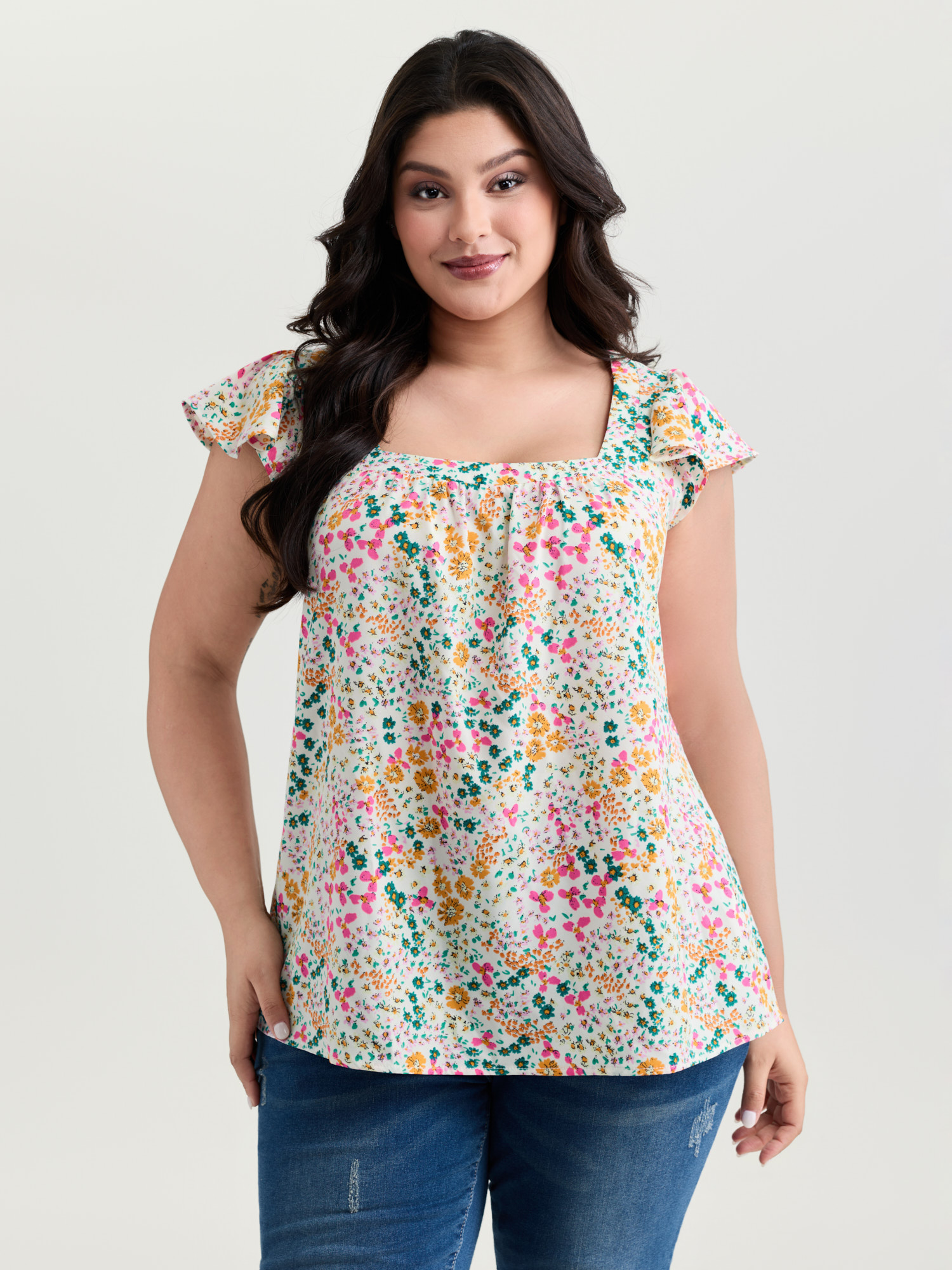 BloomChic Women's Plus Size Bright Floral Print Flutter Sleeve Blouse Multicolor Ditsy Floral Everyday-Casual Cap Sleeve 22-24/3X