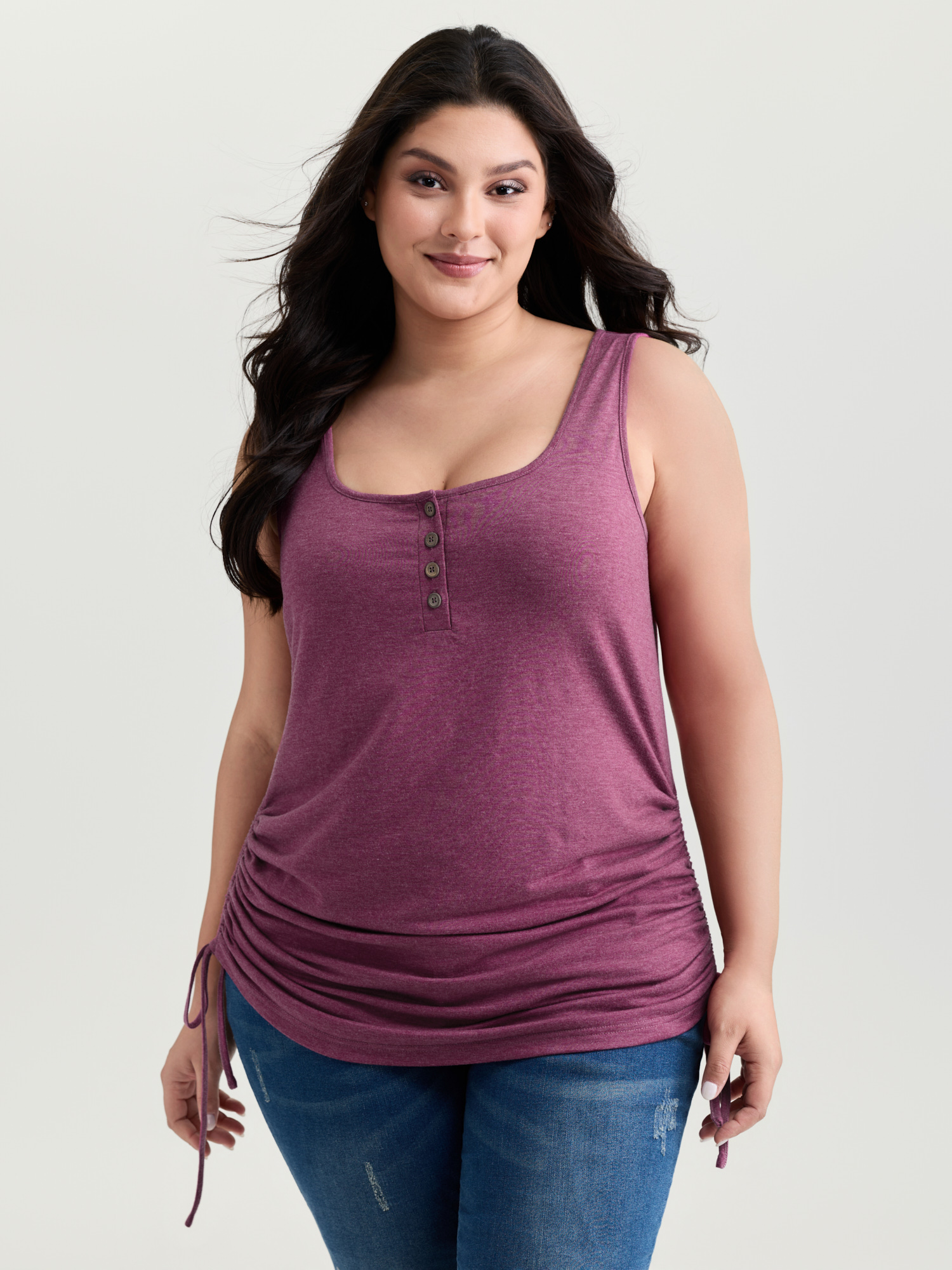 BloomChic Women's Plus Size Supersoft Drawstring Ruched Scoop Neckline Tank Top Heather Rose Everyday-Casual H-line 10/M
