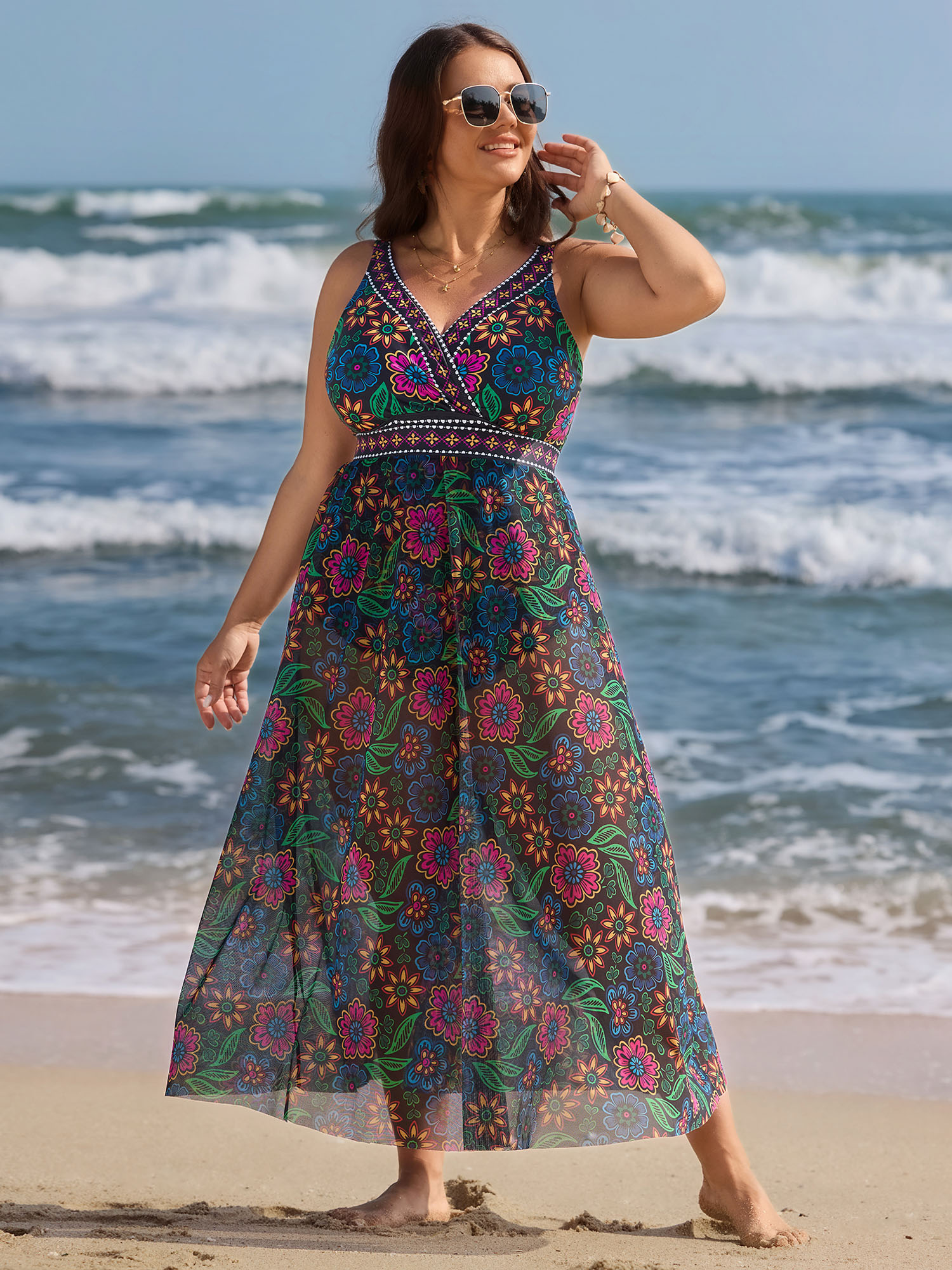 BloomChic Plus Size Two-Piece Sarong Floral Print One-Piece Swimsuit - Curve Women's Swimwear- Black Adjustable Straps One Pieces 14/M