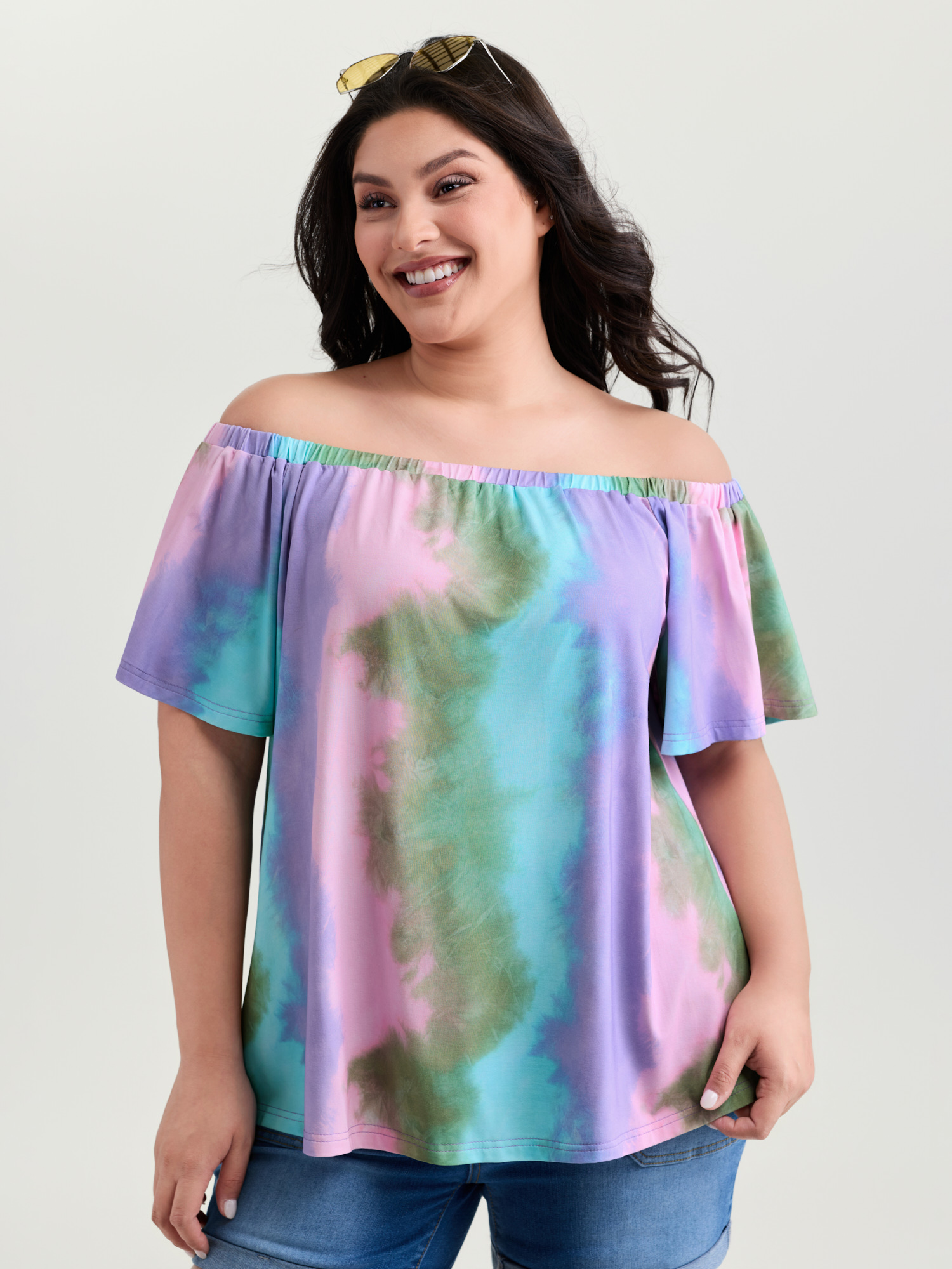BloomChic Women's Plus Size Supersoft Color Gradient Off-Shoulder Top Multicolor Short sleeve Everyday-Casual 12/L