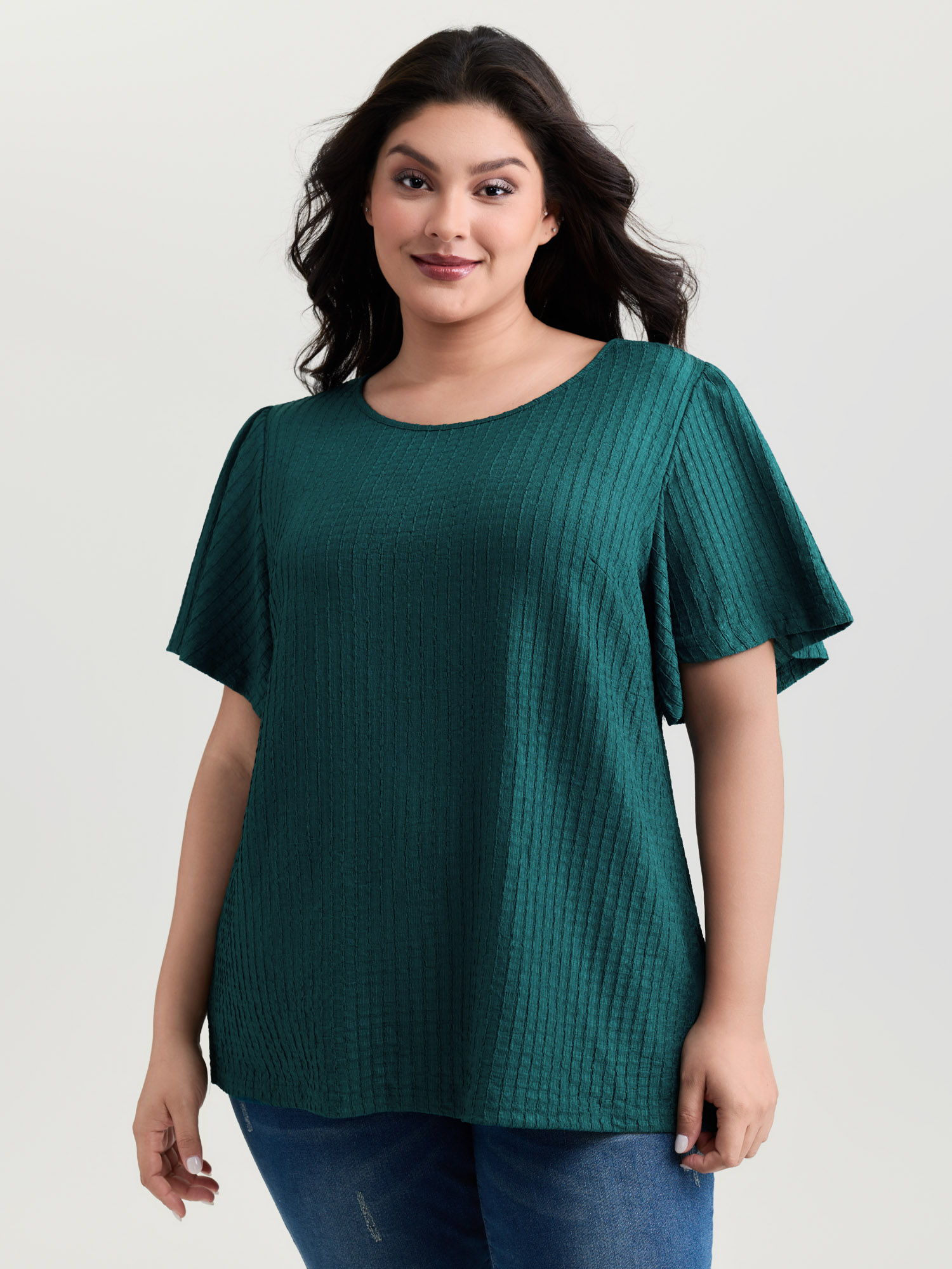 BloomChic Plus Size Textured Flared Sleeve Round Neck Knit Top - Women's Sea Moss Tie-dye V-Neck Comfort Midsection Fit Cap Sleeve Americana Daily Knit Tops 16/L
