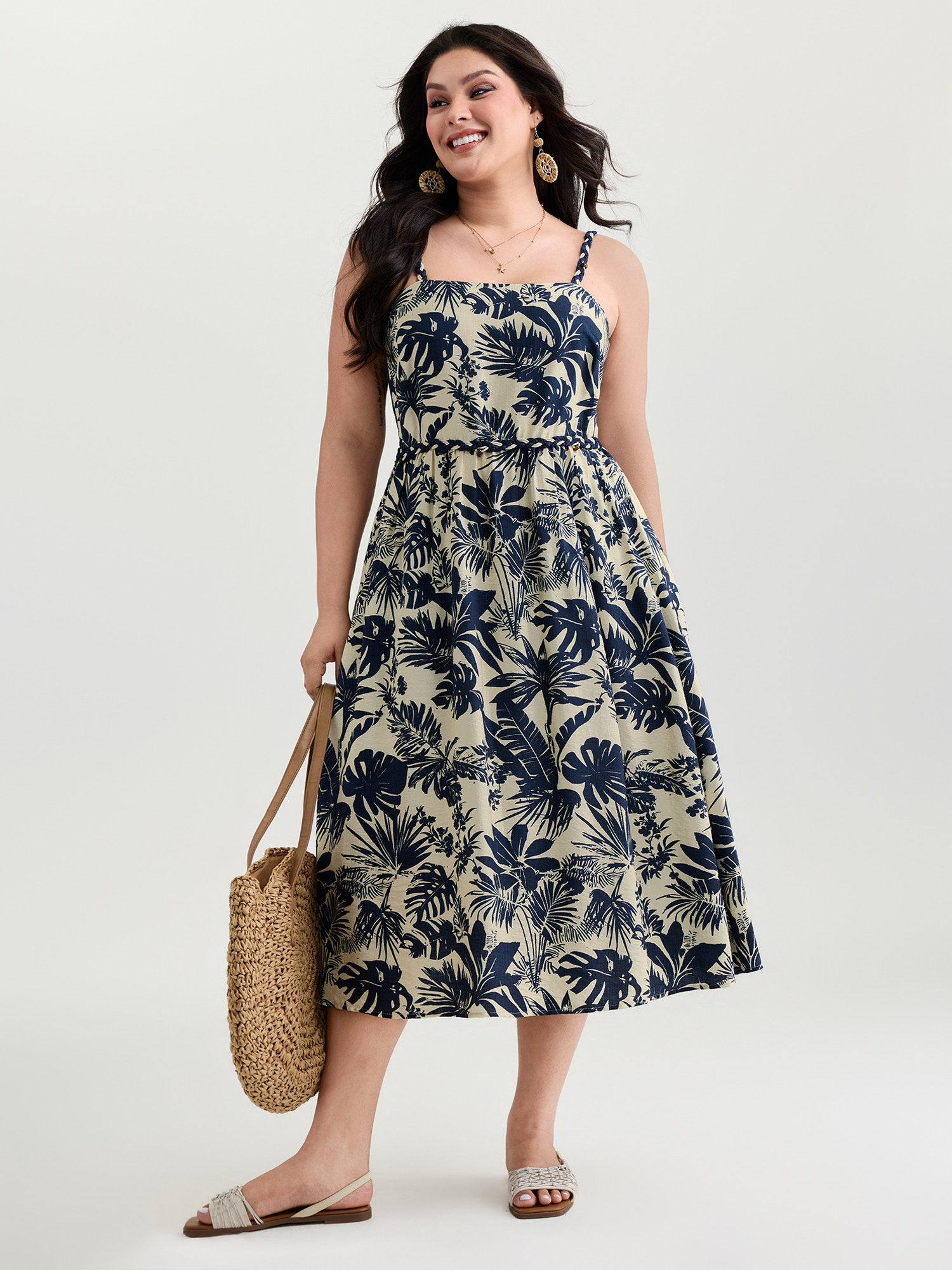 BloomChic Women's Plus Size Tropical Print Stretchy Waist Midi Dress Indigo Tropical Midi Vacation 22-24/3X
