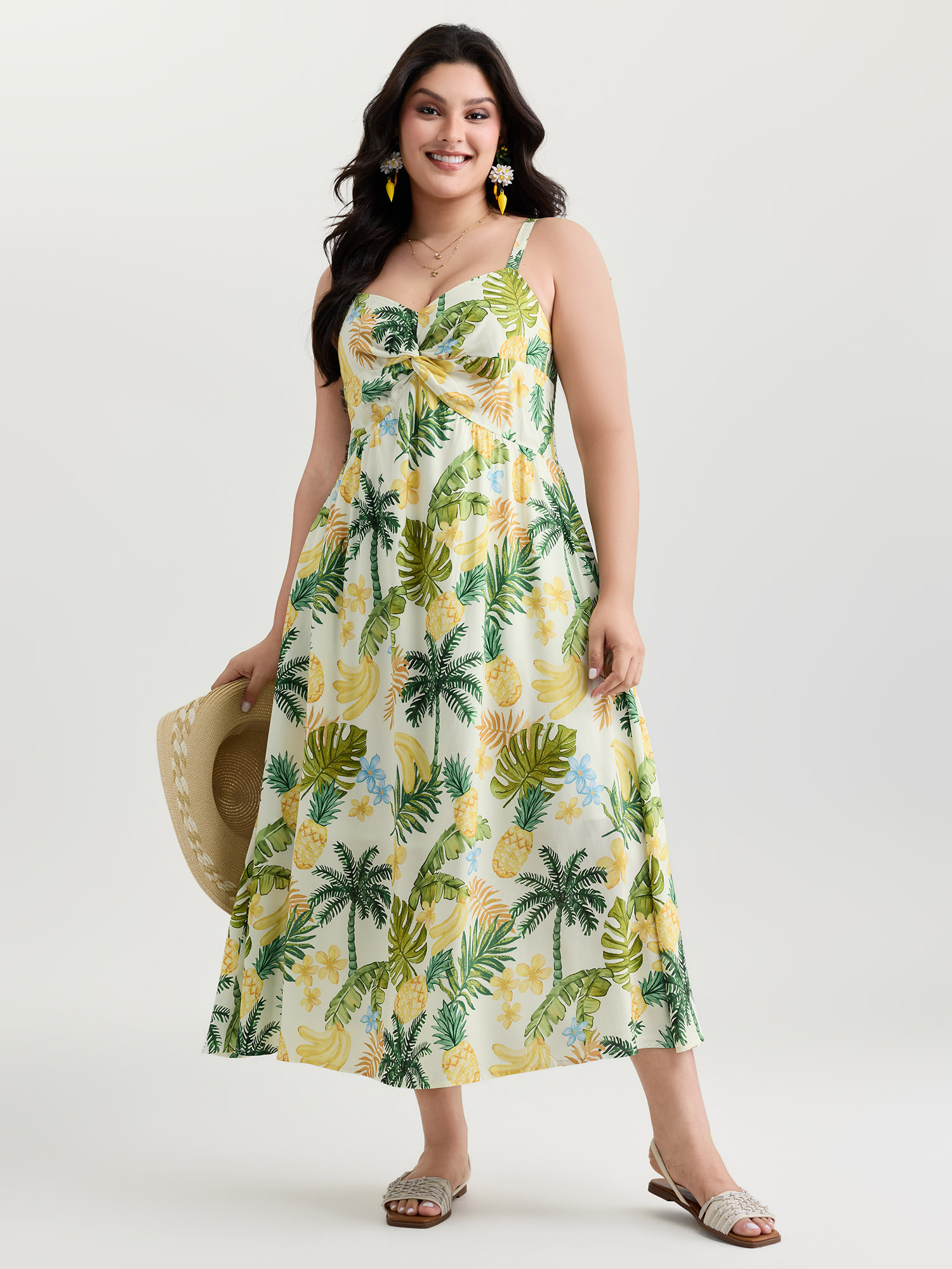 BloomChic Women's Plus Size Tropical Vacation-Ready Ruched Midi Dress Multicolor Tropical Midi Vacation Twist 12/L