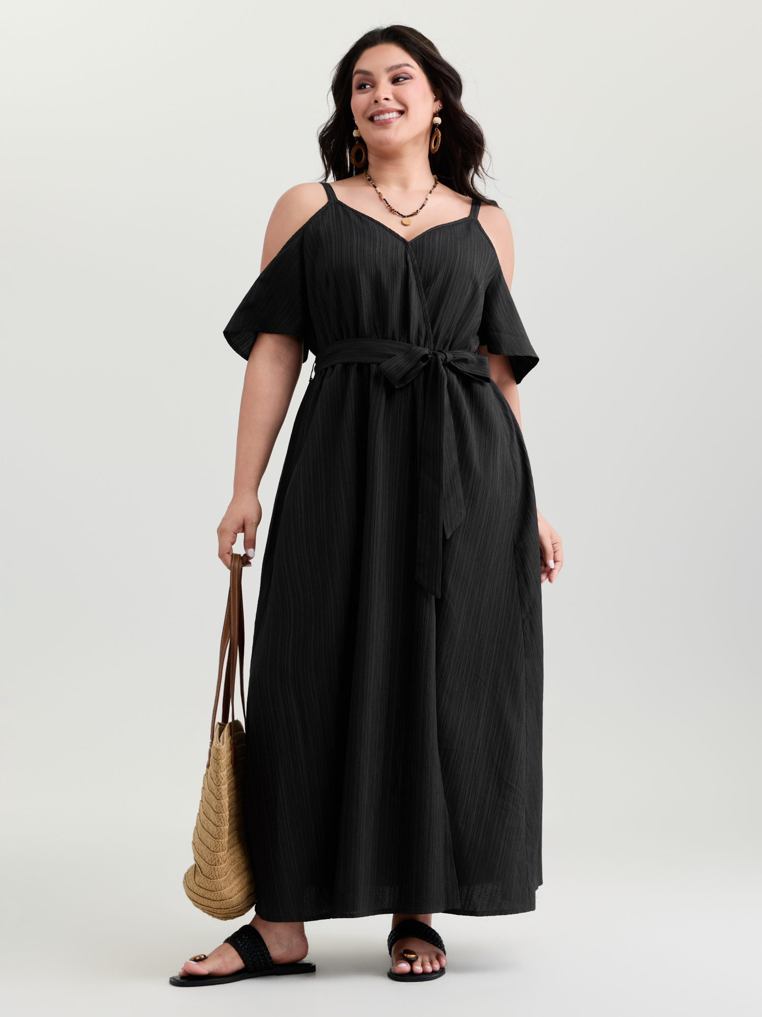 BloomChic Women's Plus Size Off-Shoulder Textured Waist-Tie Maxi Dress Pureblack Synthetic texture Maxi Vacation Overlapping 10/M
