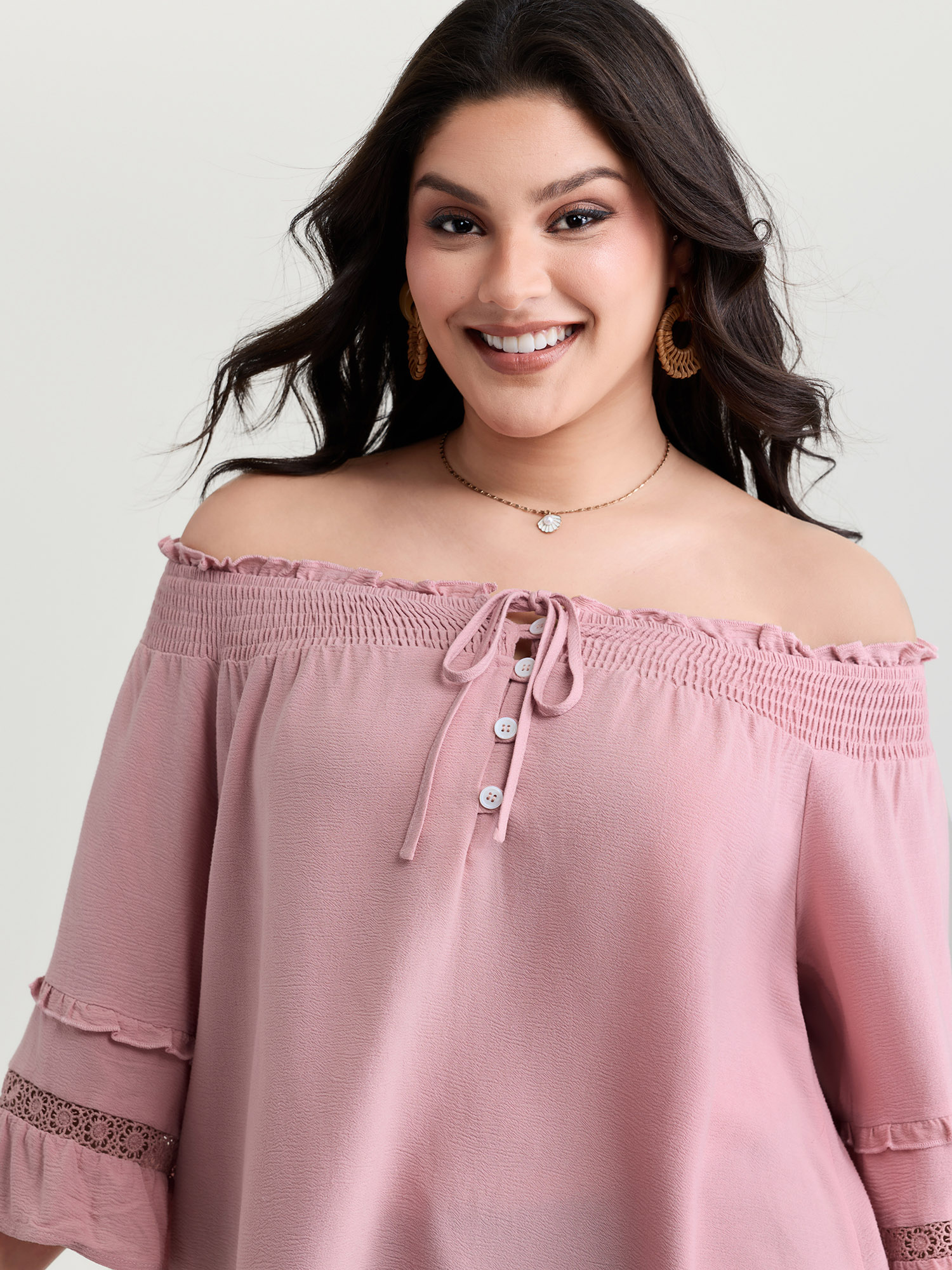 BloomChic Women's Plus Size Supersoft Lace Trim Shirred Off-Shoulder Blouse Rouge Non Vacation 3/4 Sleeve 14-16/1X