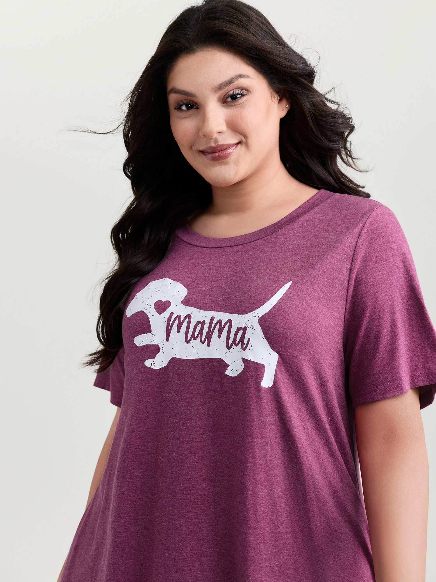 Side view of BloomChic Women's Plus Size Supersoft Cute Puppy Print Relaxed-Fit Tee Nightgown Burgundy 28/5X