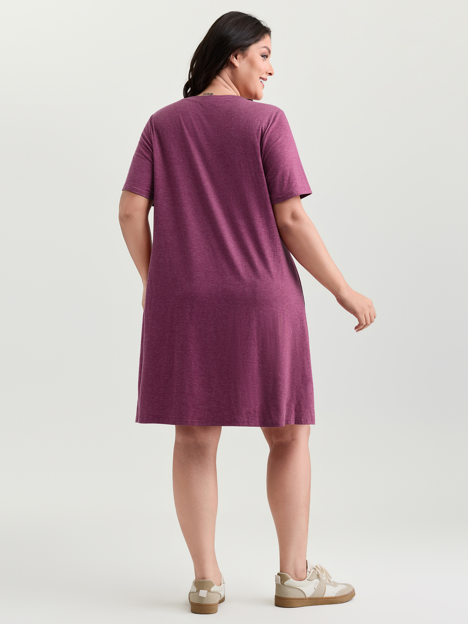 Side view of BloomChic Women's Plus Size Supersoft Cute Puppy Print Relaxed-Fit Tee Nightgown Burgundy 28/5X