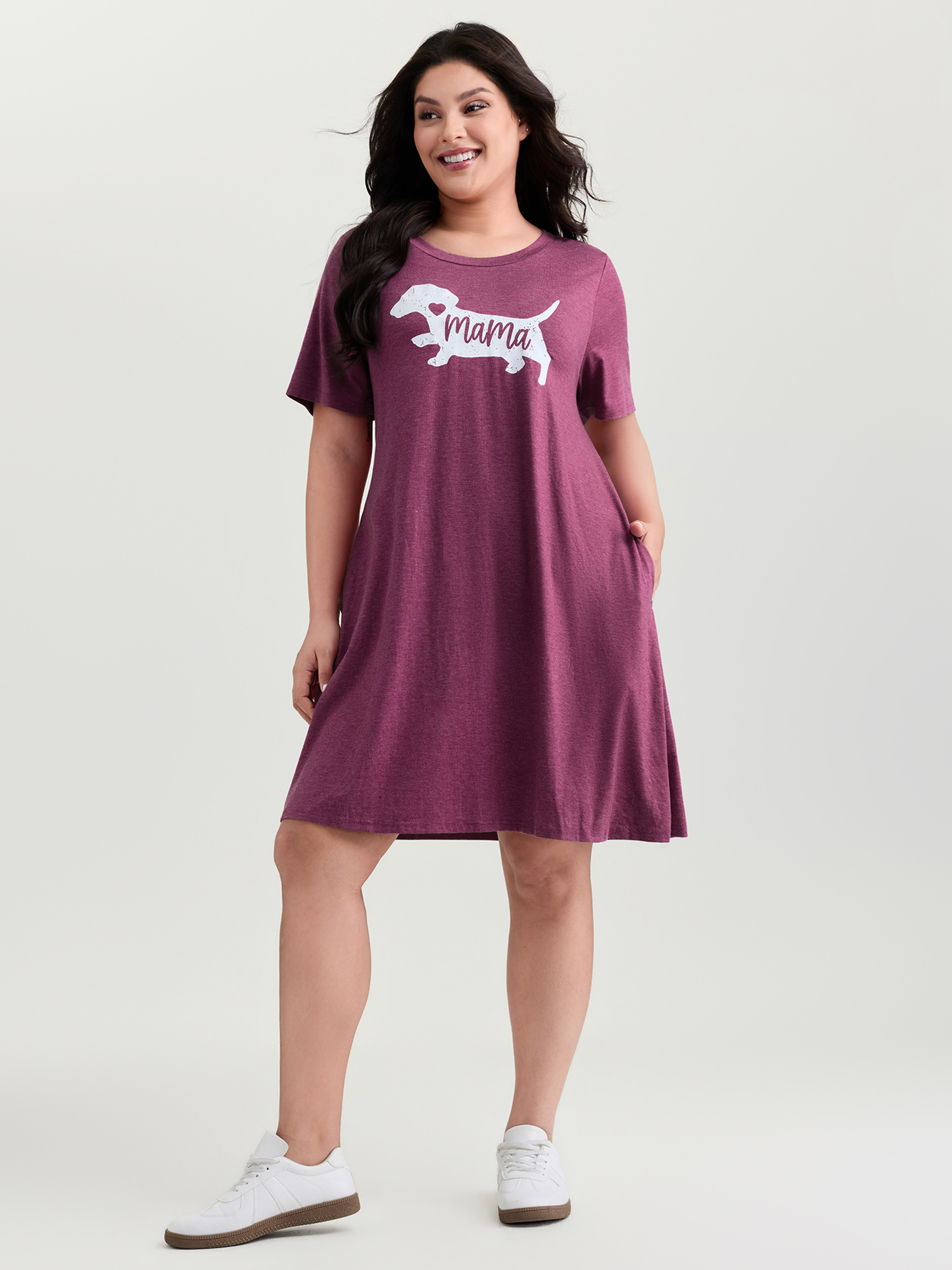 Side view of BloomChic Women's Plus Size Supersoft Cute Puppy Print Relaxed-Fit Tee Nightgown Burgundy 28/5X