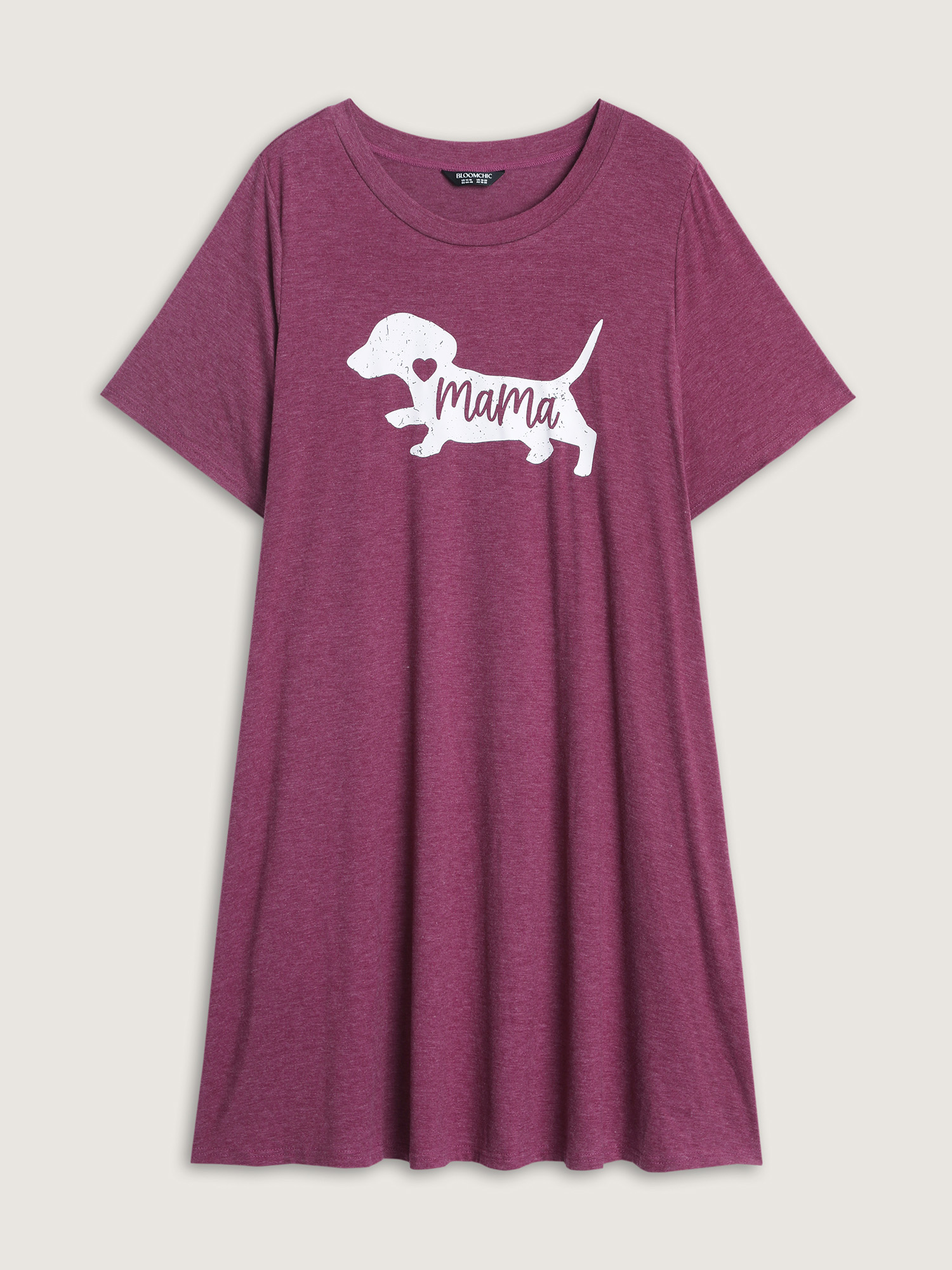 Side view of BloomChic Women's Plus Size Supersoft Cute Puppy Print Relaxed-Fit Tee Nightgown Burgundy 28/5X