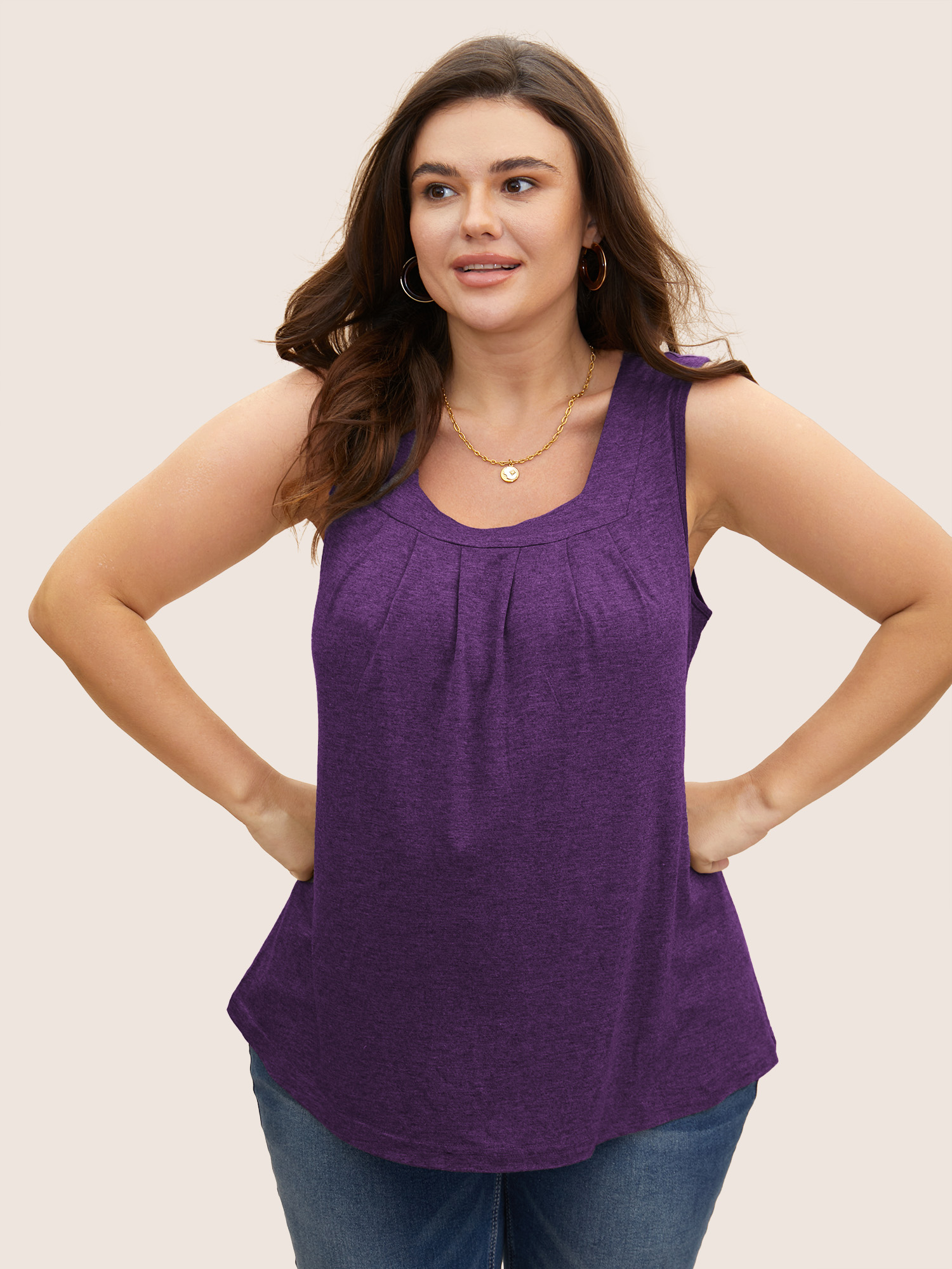 BloomChic Plus Size Heather Plicated Detail Square Neck Tank Top - Women's Ditsy Floral Square Neck Comfort Waist Fit Sleeveless Boho Tank Tops Camis 34/6X
